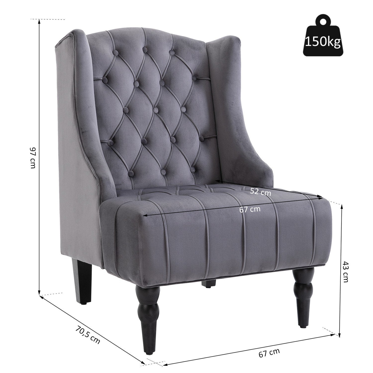 Enkeltstol Wing Chair Avslappende stol med tuftede hevede ben Fløyelsstoff Grå 67 X 70,5 X 97 Cm