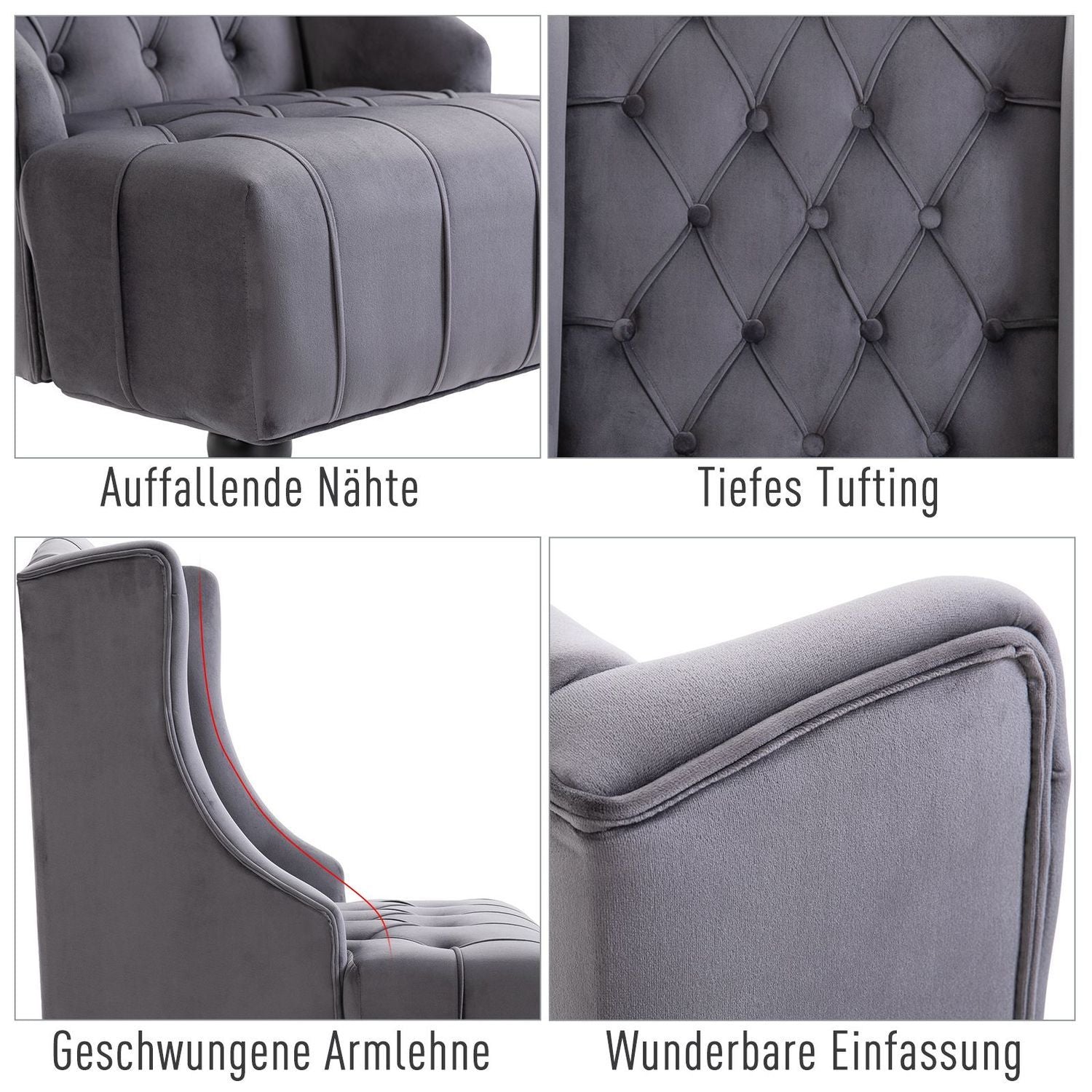 Enkeltstol Wing Chair Avslappende stol med tuftede hevede ben Fløyelsstoff Grå 67 X 70,5 X 97 Cm