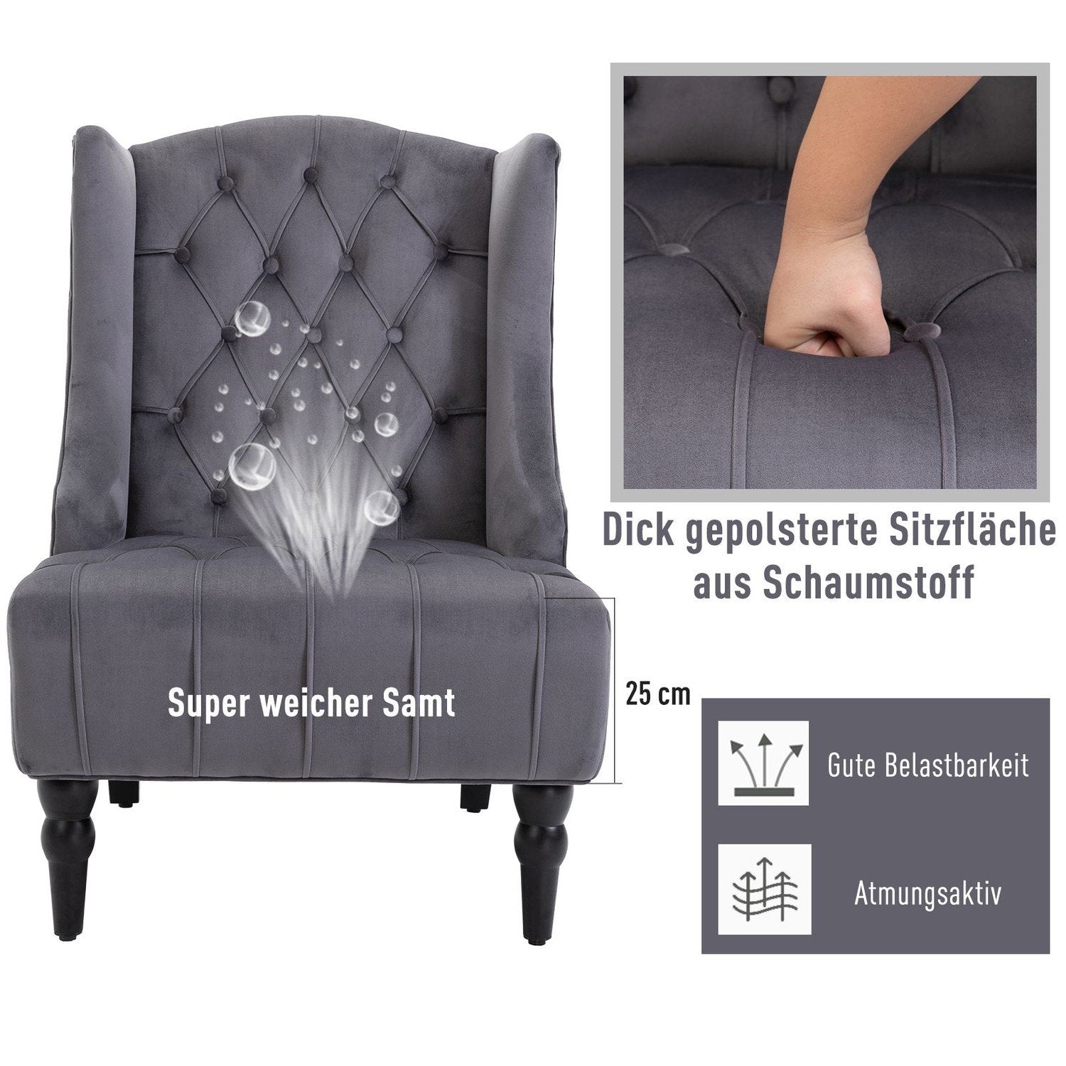 Enkeltstol Wing Chair Avslappende stol med tuftede hevede ben Fløyelsstoff Grå 67 X 70,5 X 97 Cm