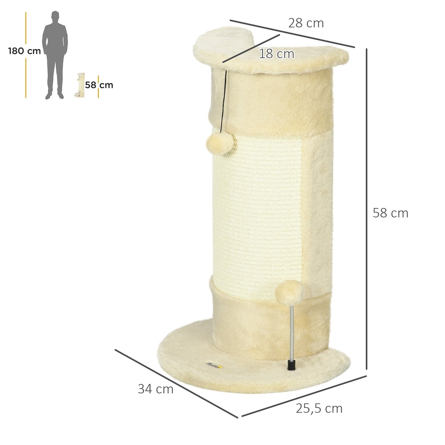 Hjørne skrapestolpe 58 Cm skrapestolpe for katter med skrapeball, laget av sisal, kremhvit