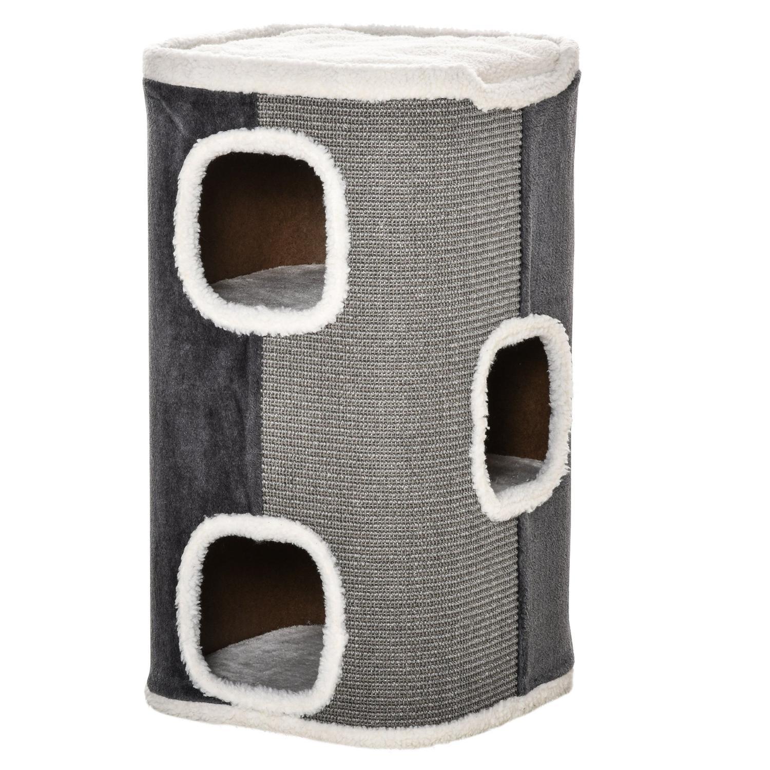 3-lags Cat Tree-skrapestolpe, sponplater, fløyelsmyk polyester, sisal, grå + hvit, 40X40X74Cm