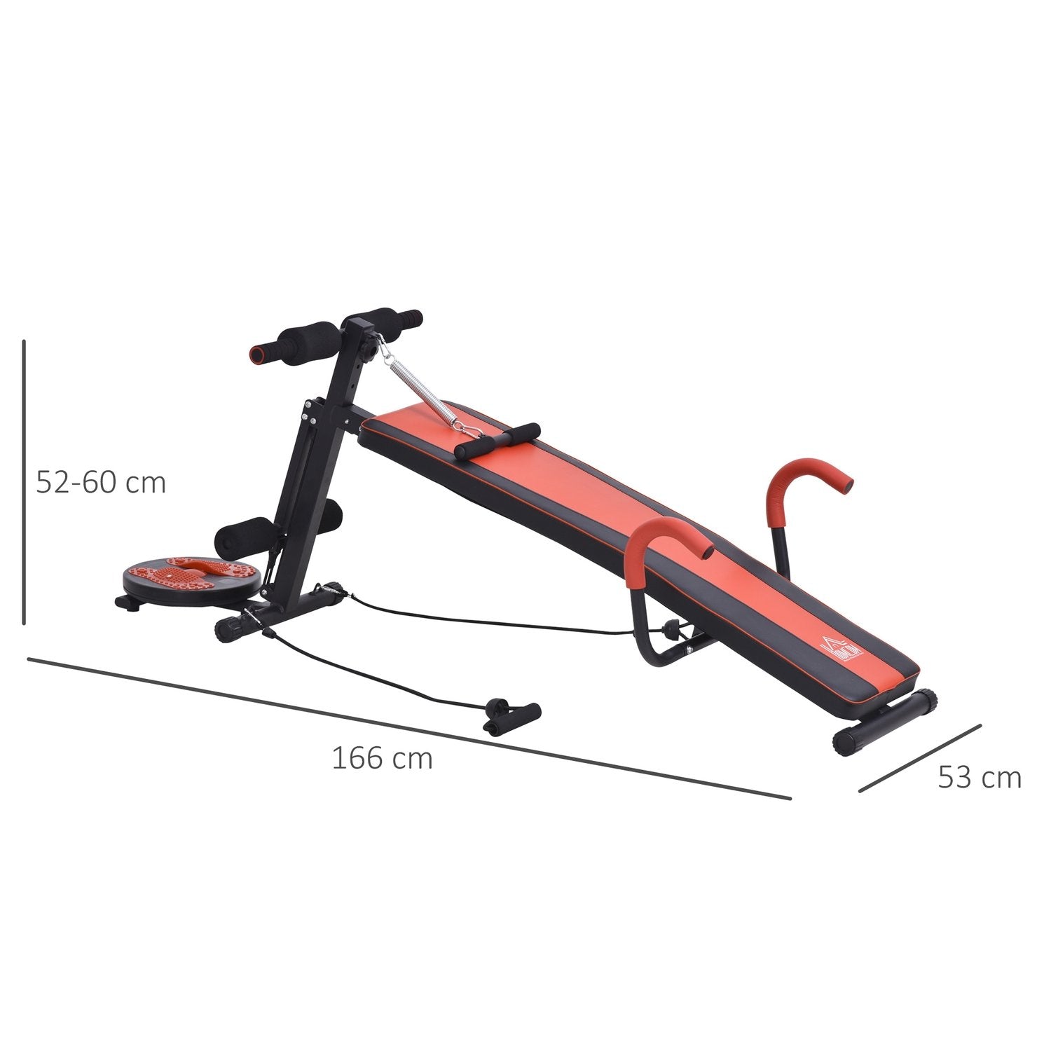 Sit Up Benk Justerbar magetreningsbenk, polstret, 120 kg lastekapasitet, rød+svart, 166X53X52-60 cm