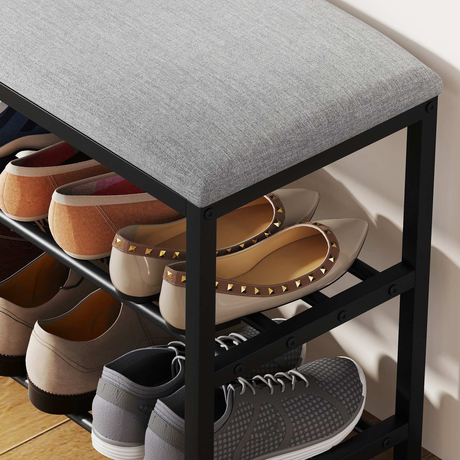 Sitzbank mit Staurum, Schuhregal, Schwarz, 81x31x50 cm