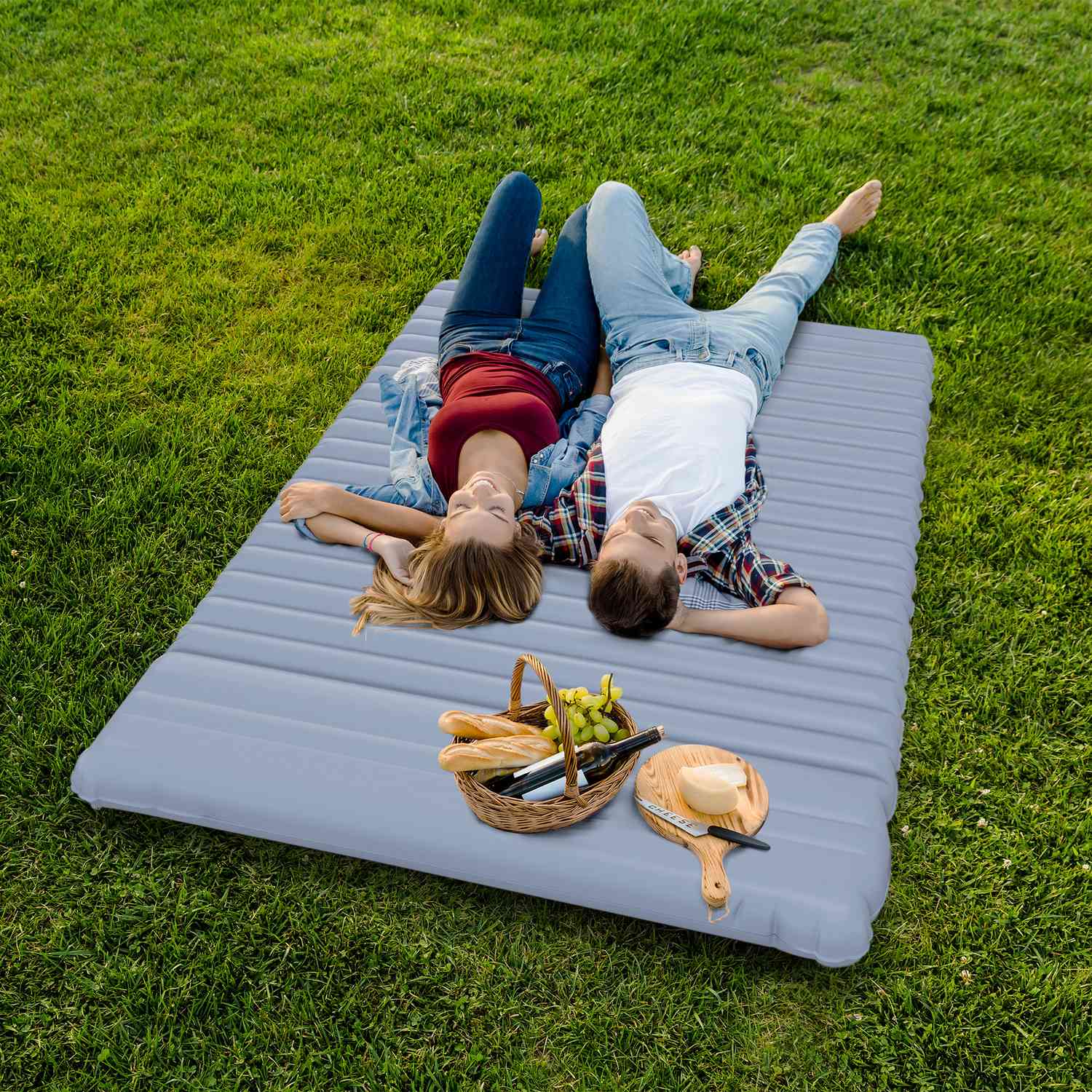Självuppblåsande campingsovmatta för 2, fotpump, blå