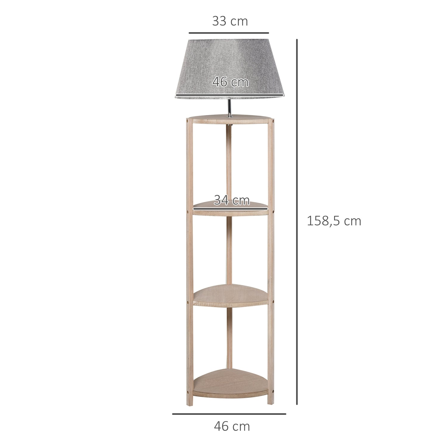 Skandinavisk golvlampa i trä med hylla och linneskärm