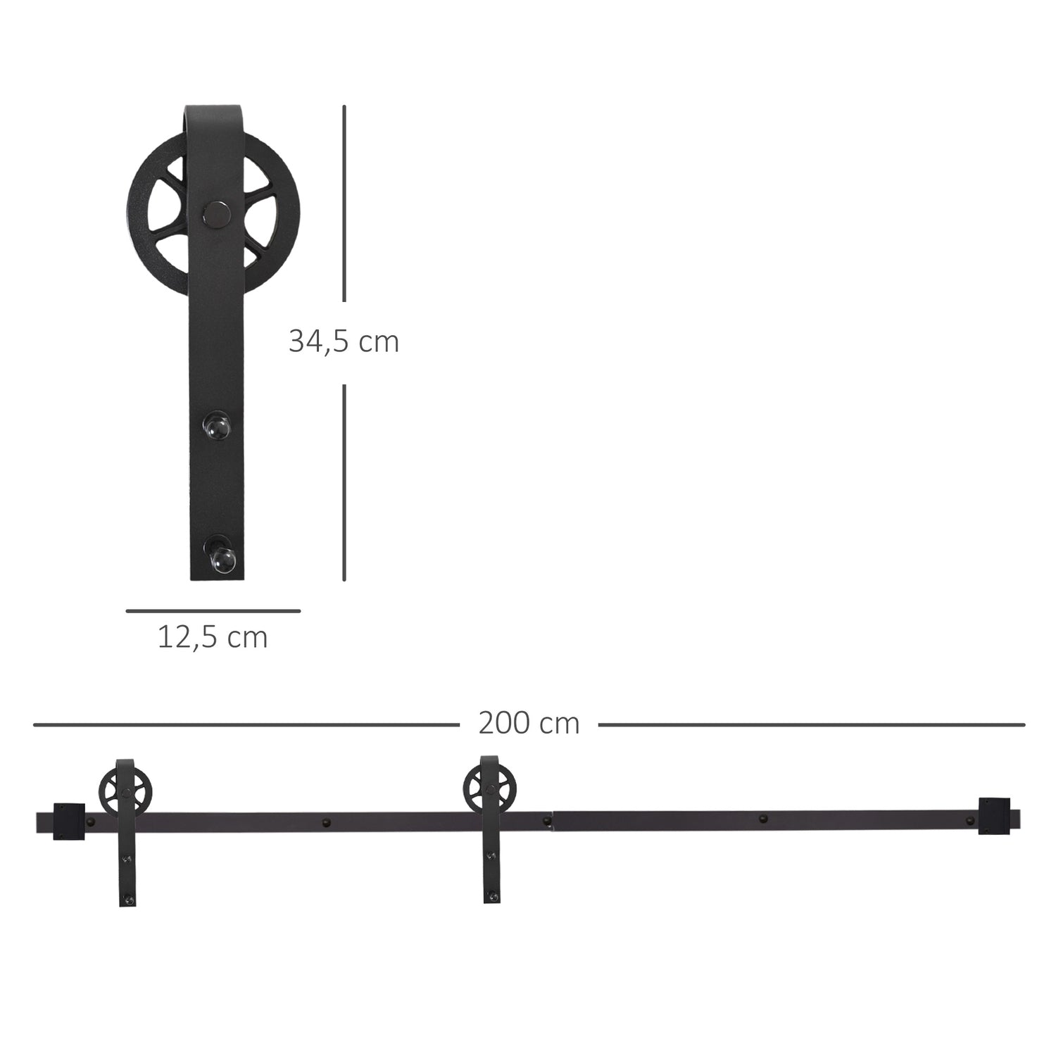 Skjutdörrsbeslagssats, svart kolstål, 200 cm skenor