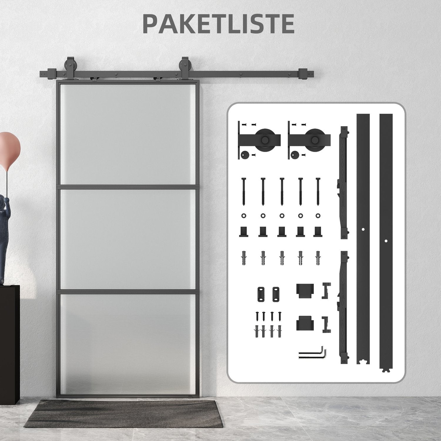 Skjutdörrssats med frostat glas, soft-Close, svart stål