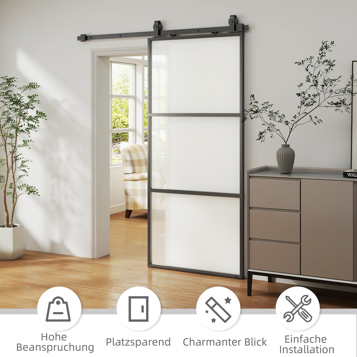 Skjutdörrssats med frostat glas, soft-Close, svart stål
