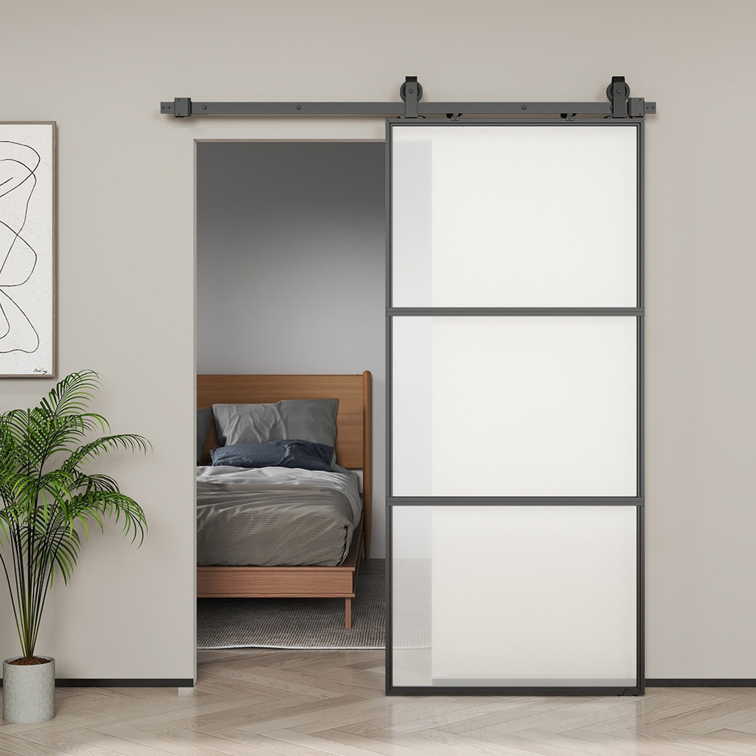 Skjutdörrssats med frostat glas, soft-Close, svart stål