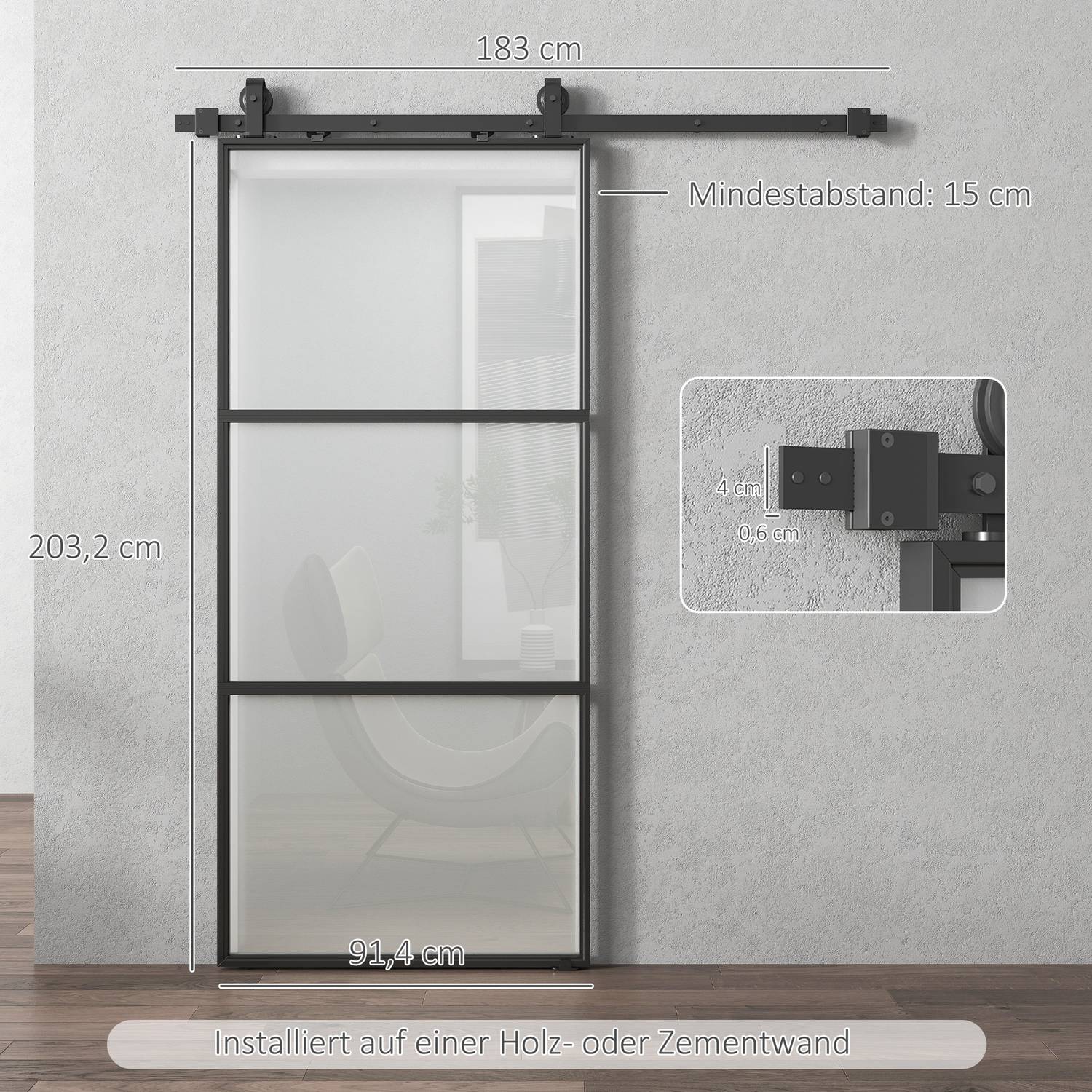 Skjutdörrssats med frostat glas, soft-Close, svart stål