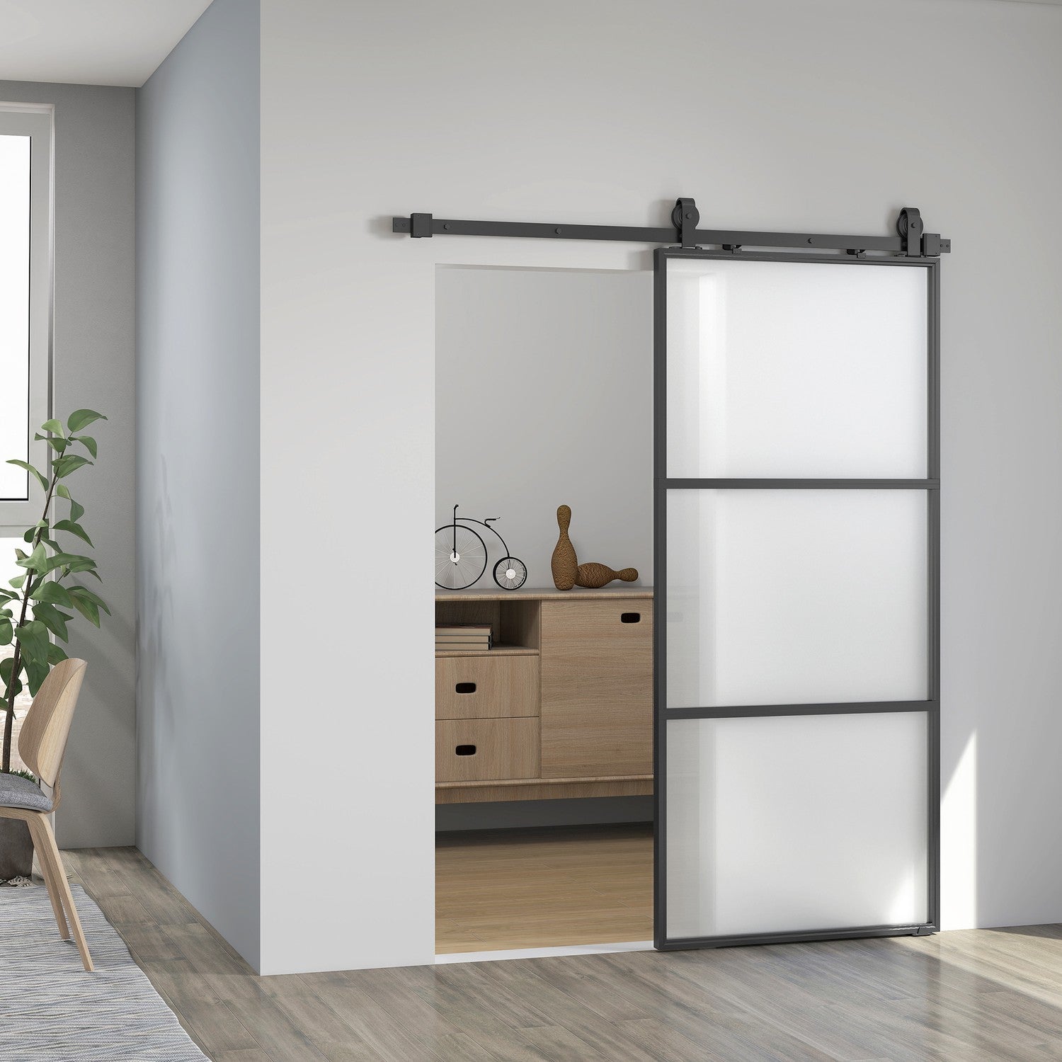 Skjutdörrssats med frostat glas, soft-Close, svart stål