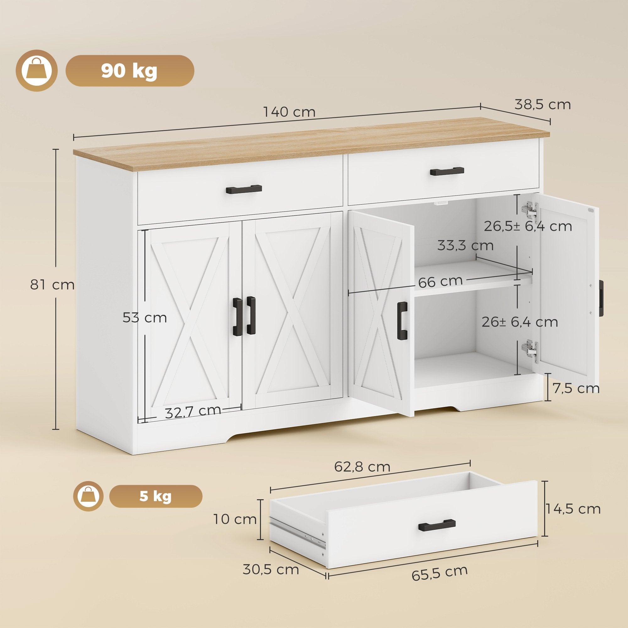 Skänk i lantlig stil, buffé, 140 cm, 2 lådor, vit