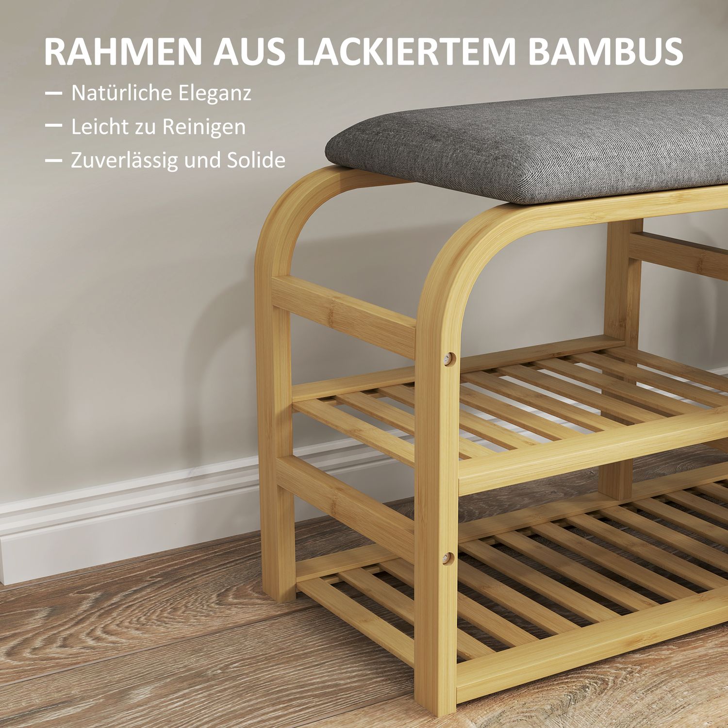 Bambu skobänk med utdragbar korg, passar 5 par, grå