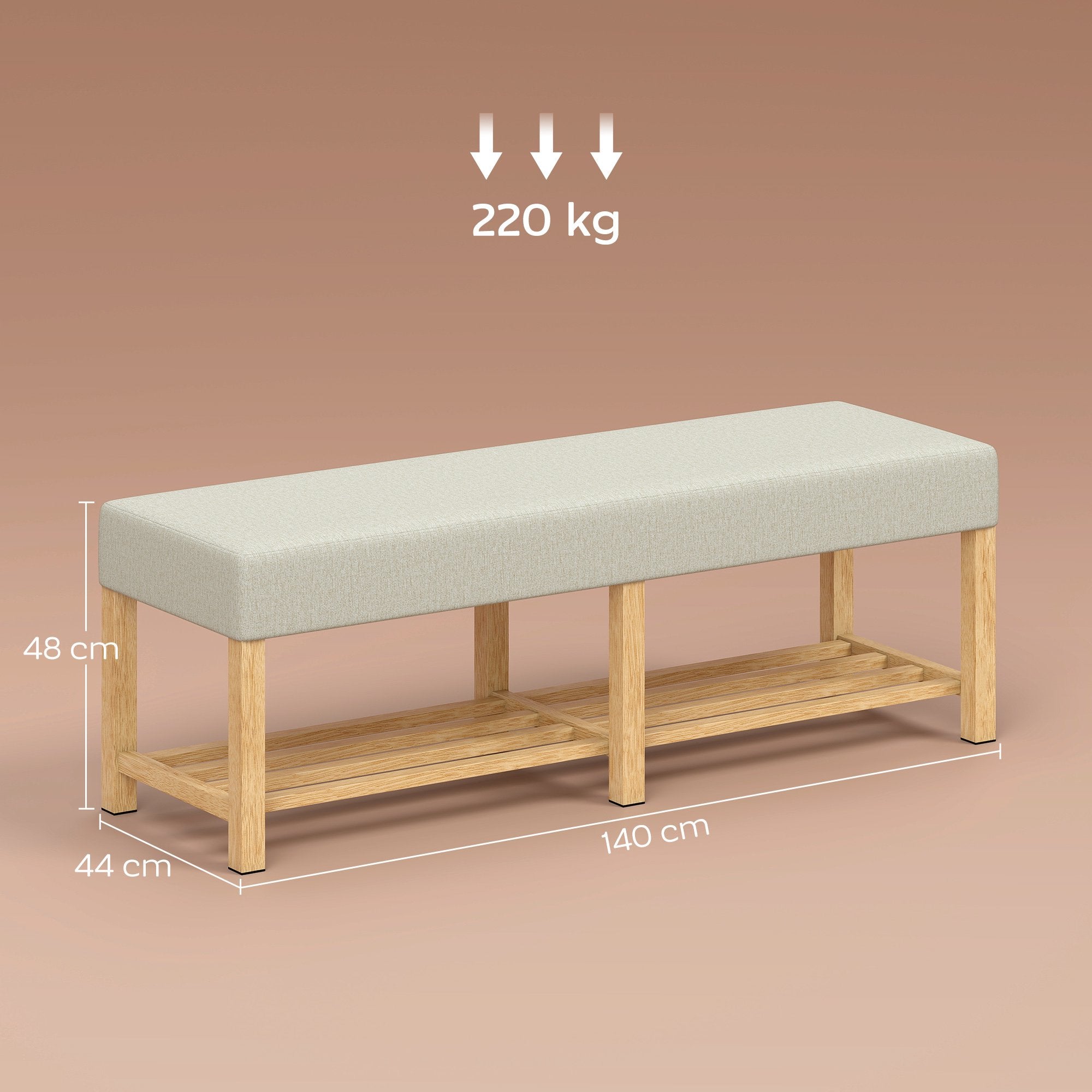 Skobänk med dyna, gummiträ, 140 cm, 220 kg kapacitet