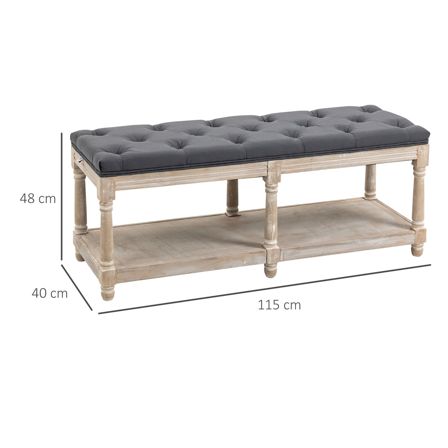 Skobänk med förvaring, vadderad sits, grått linne, 115x40x48 cm