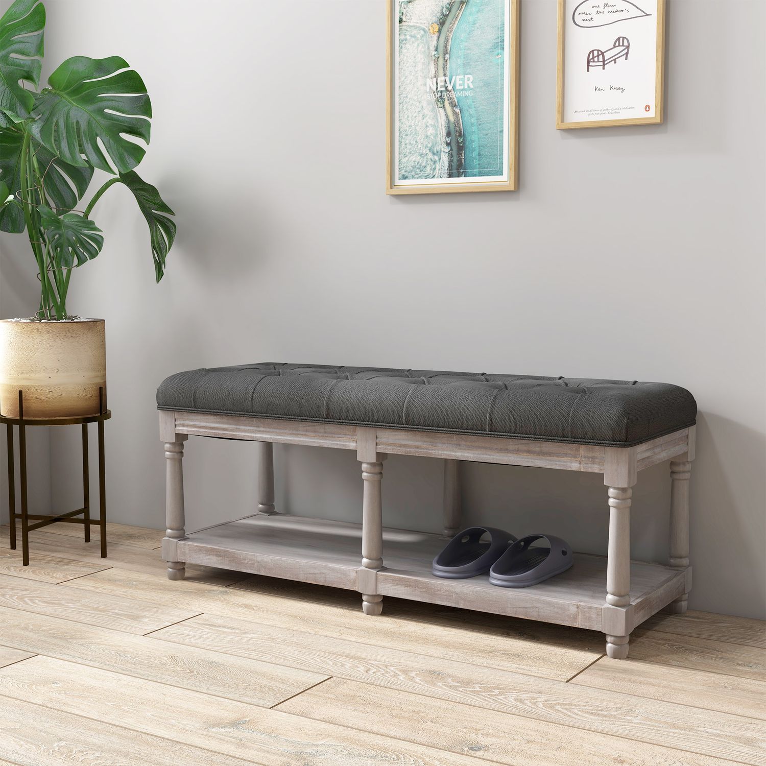 Skobänk med förvaring, vadderad sits, grått linne, 115x40x48 cm