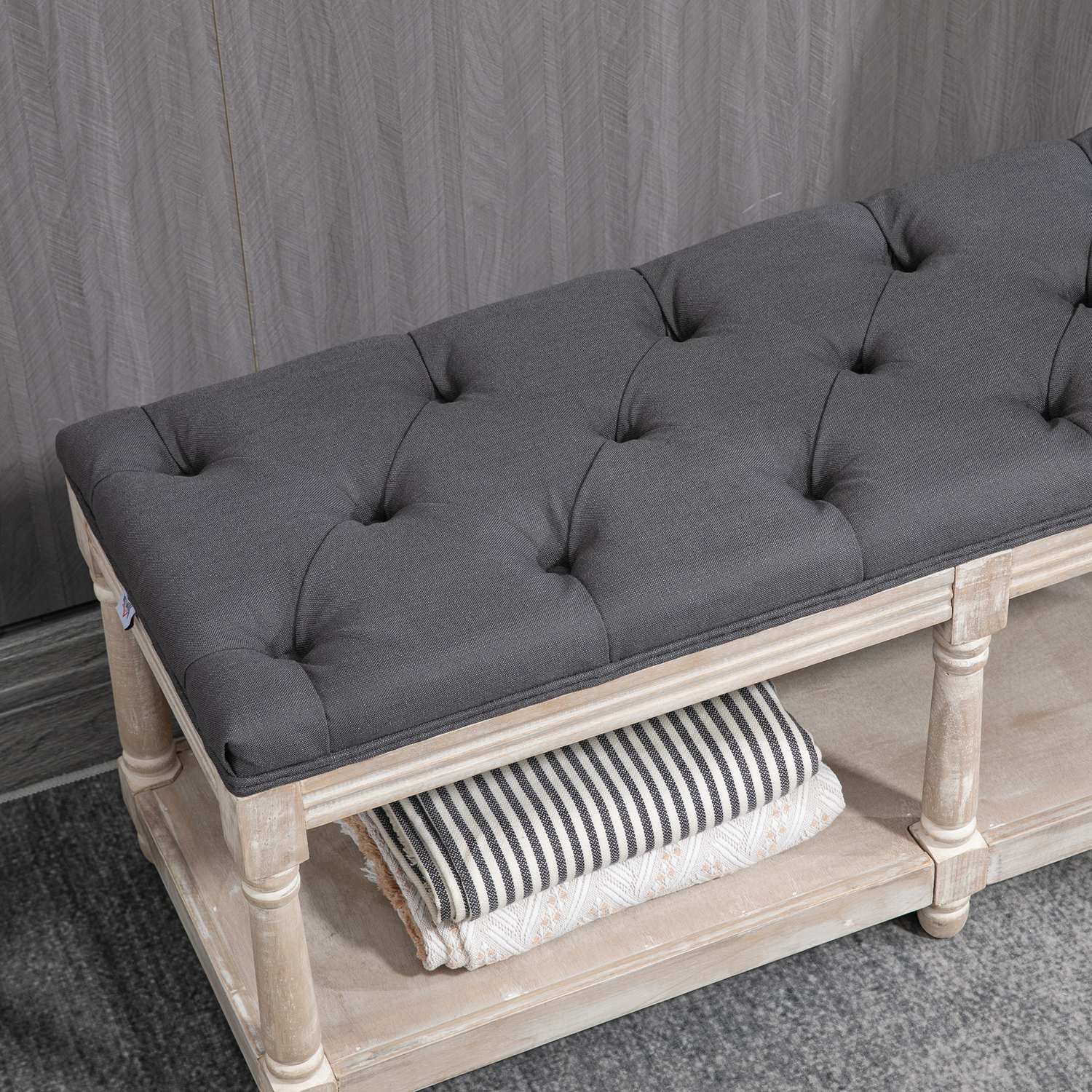 Skobänk med förvaring, vadderad sits, grått linne, 115x40x48 cm