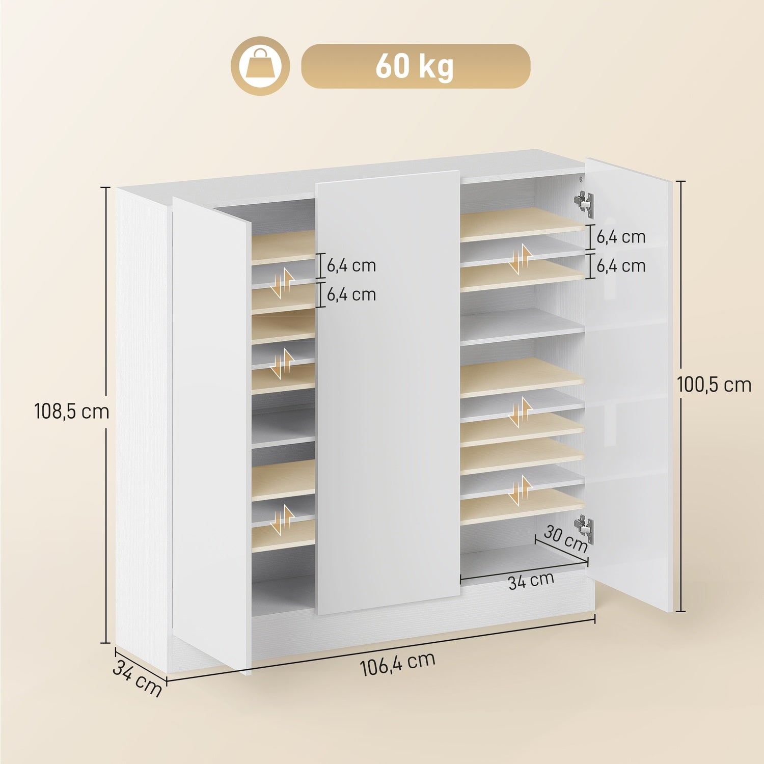 Skoskåp, 10 hyllor, ventilation, mjukstängning, vitt trä