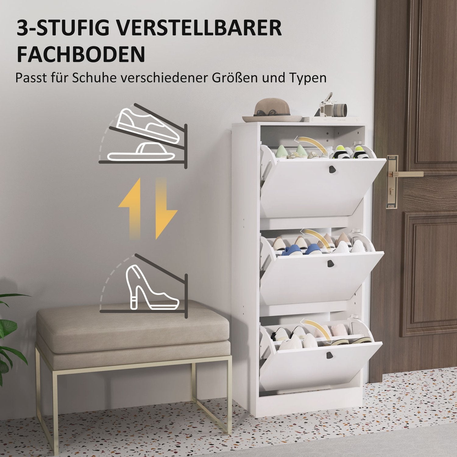 Skoskåp med 3 klaffar, justerbart för 12 par