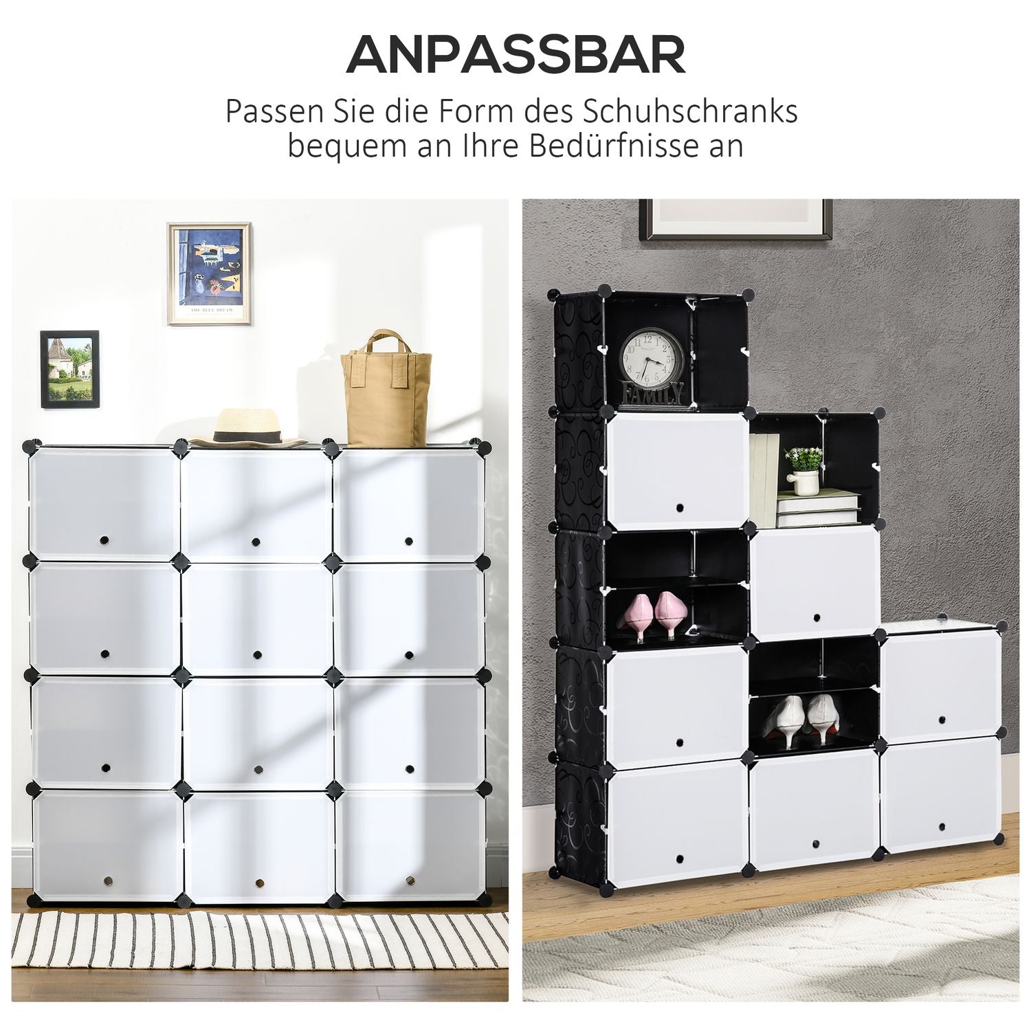 Skoskåpsförvaringslösning, 12-kuber DIY-plast, svart/vit