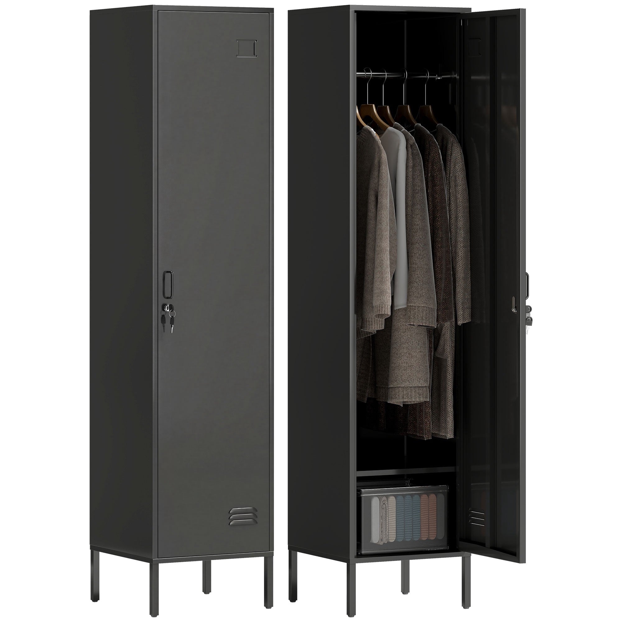 Skåp i stål med lås, ventilation, svart, 179H cm