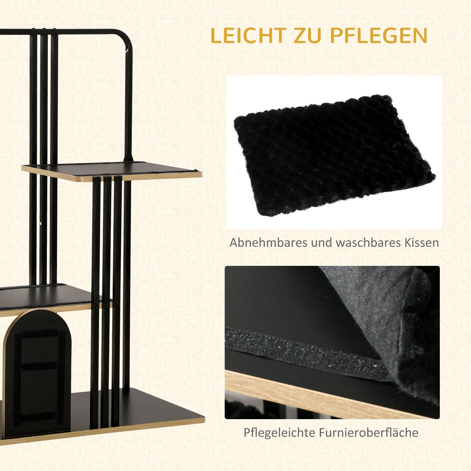 Kattträd med kudde och 2 plattformar, svart stål, 128cm