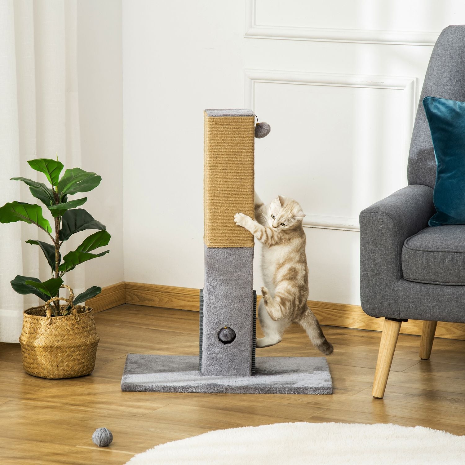Kattskrapstolpe, 79 cm, jute rep & plyschleksaker