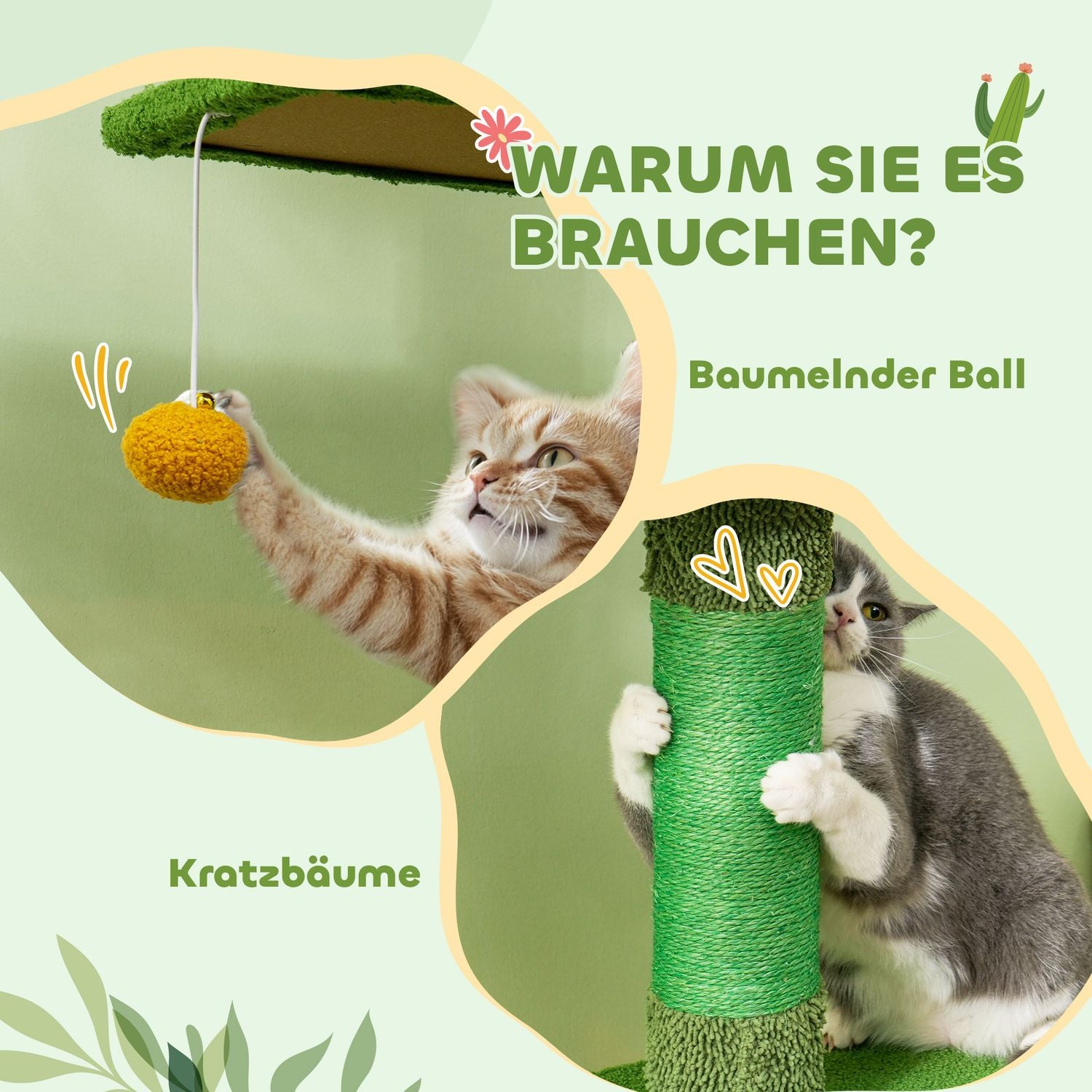 Kattträd 230-275 cm med grotta och lekboll – Grön