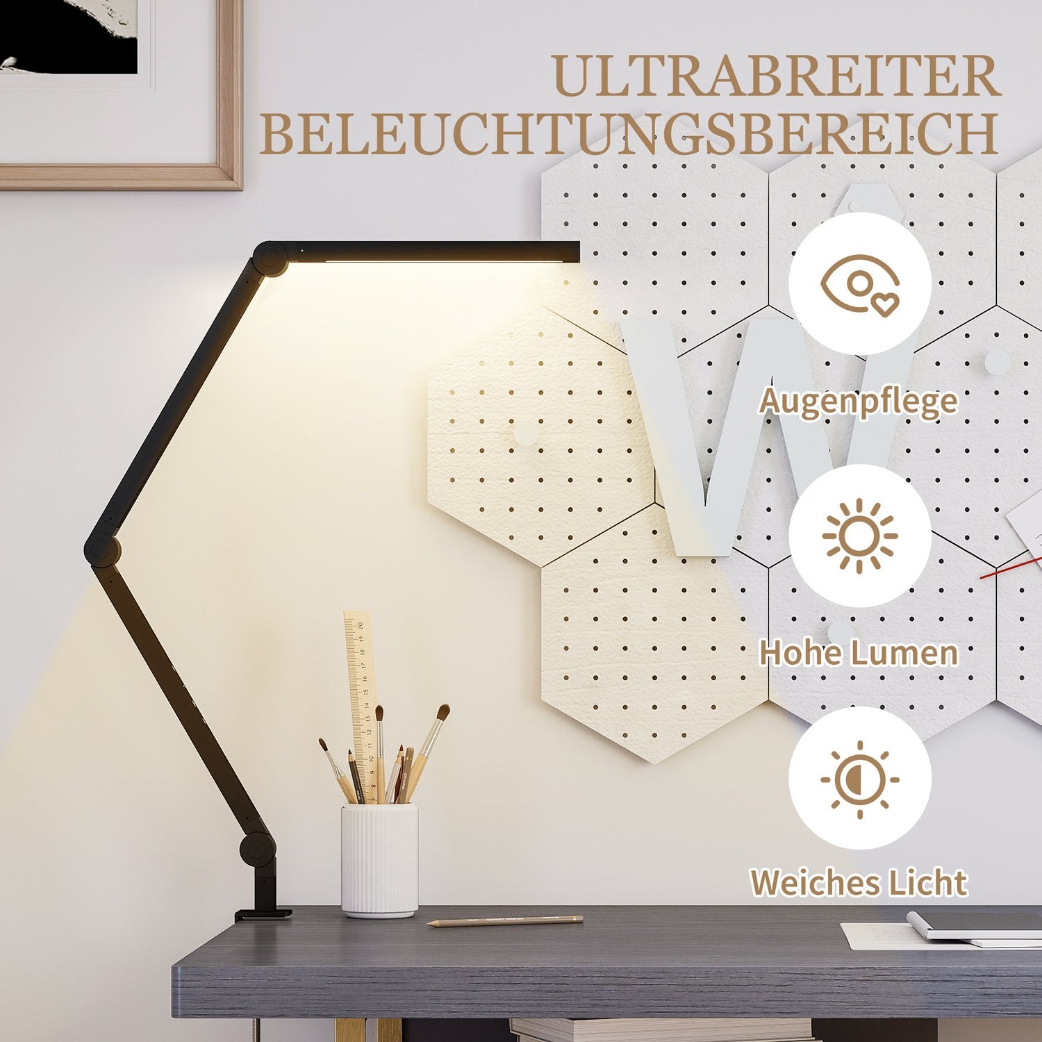 Skrivbordslampa, Justerbar ljusstyrka och färg, Metallklämma