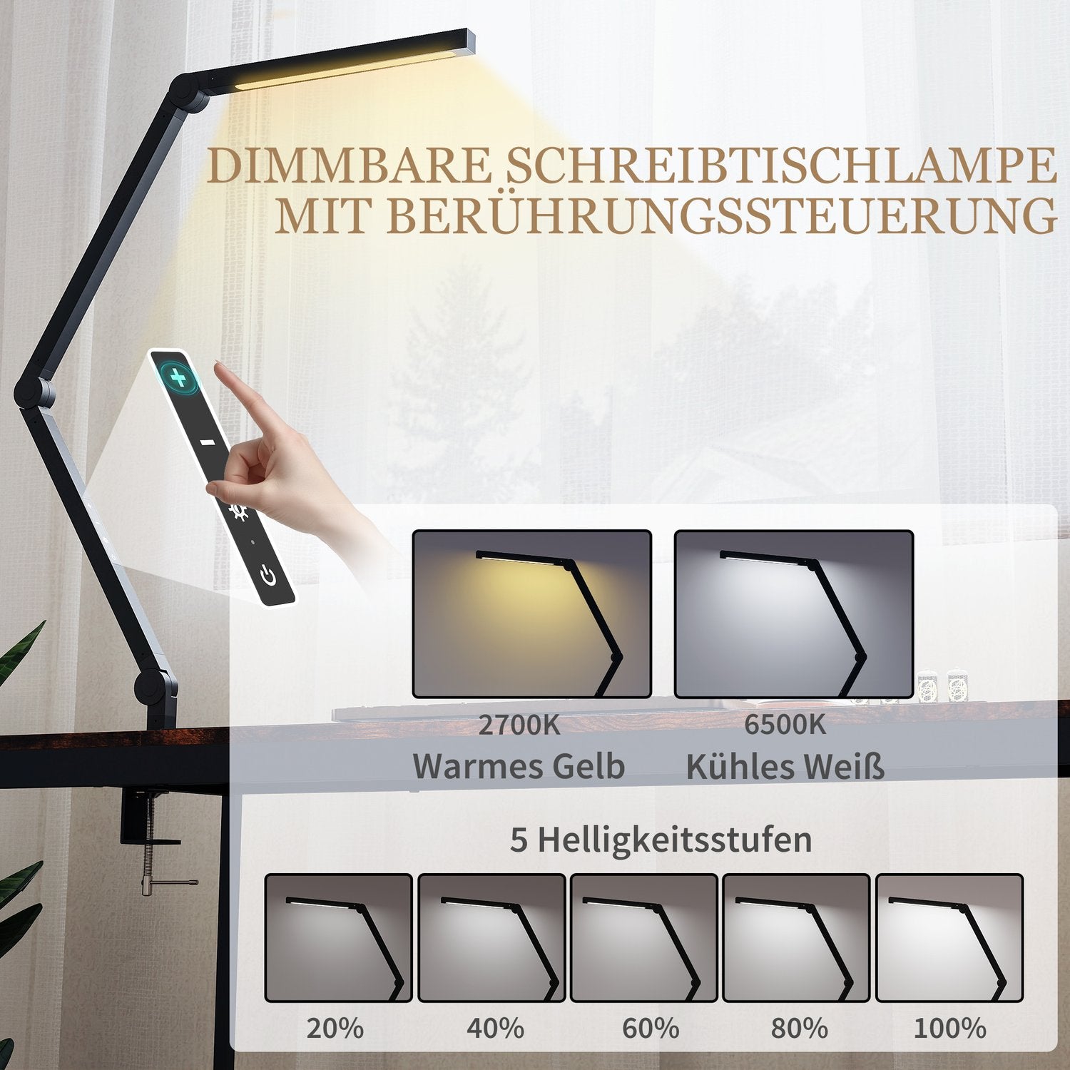 Skrivbordslampa, Justerbar ljusstyrka och färg, Metallklämma