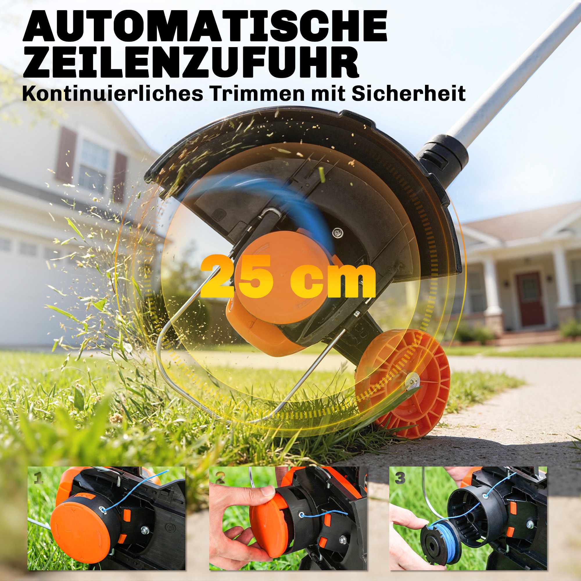 Sladdlös grästrimmer 21V, 25 cm klippbredd, 2x4,0Ah batterier