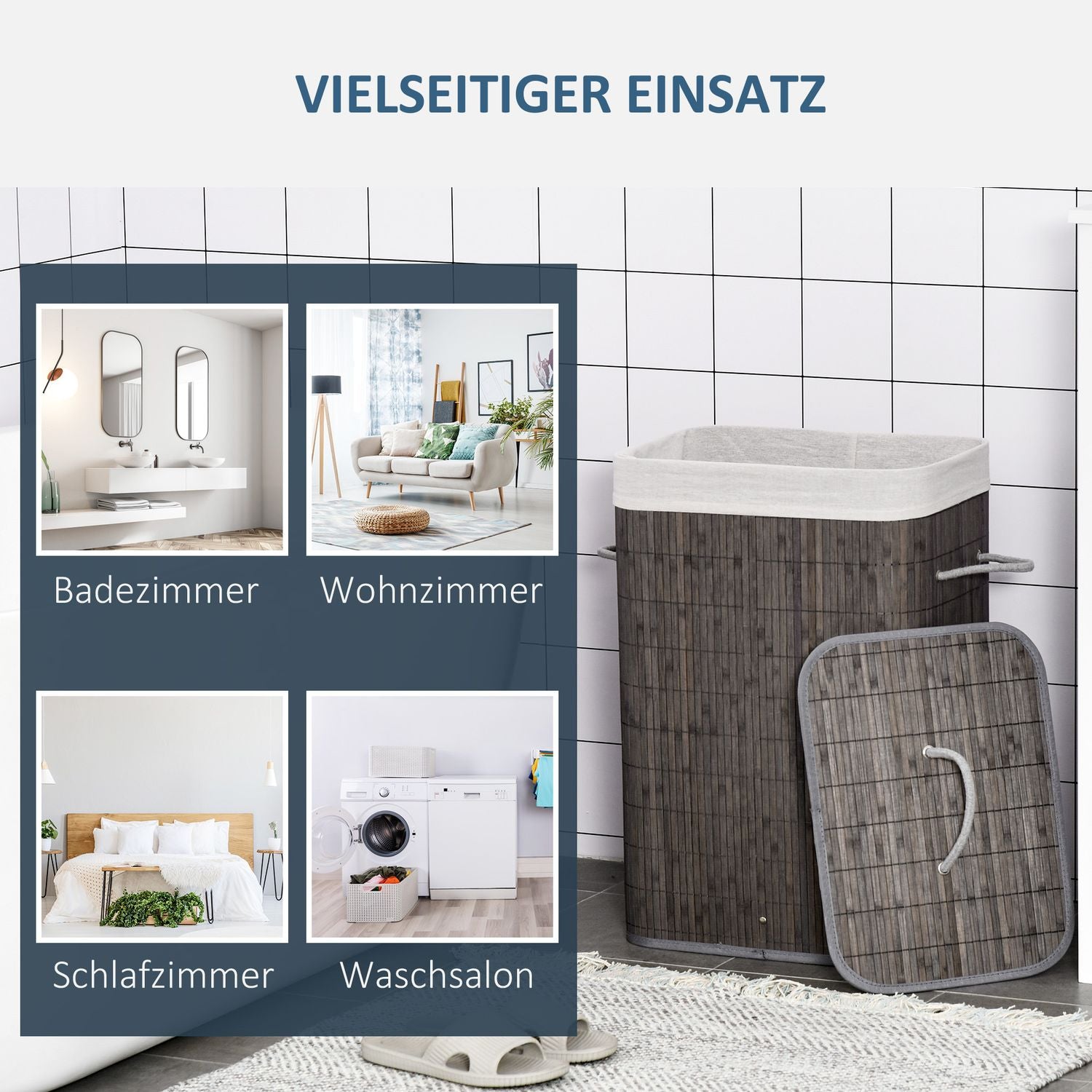 Smal 83L bambu tvättkorg med lock, avtagbar påse