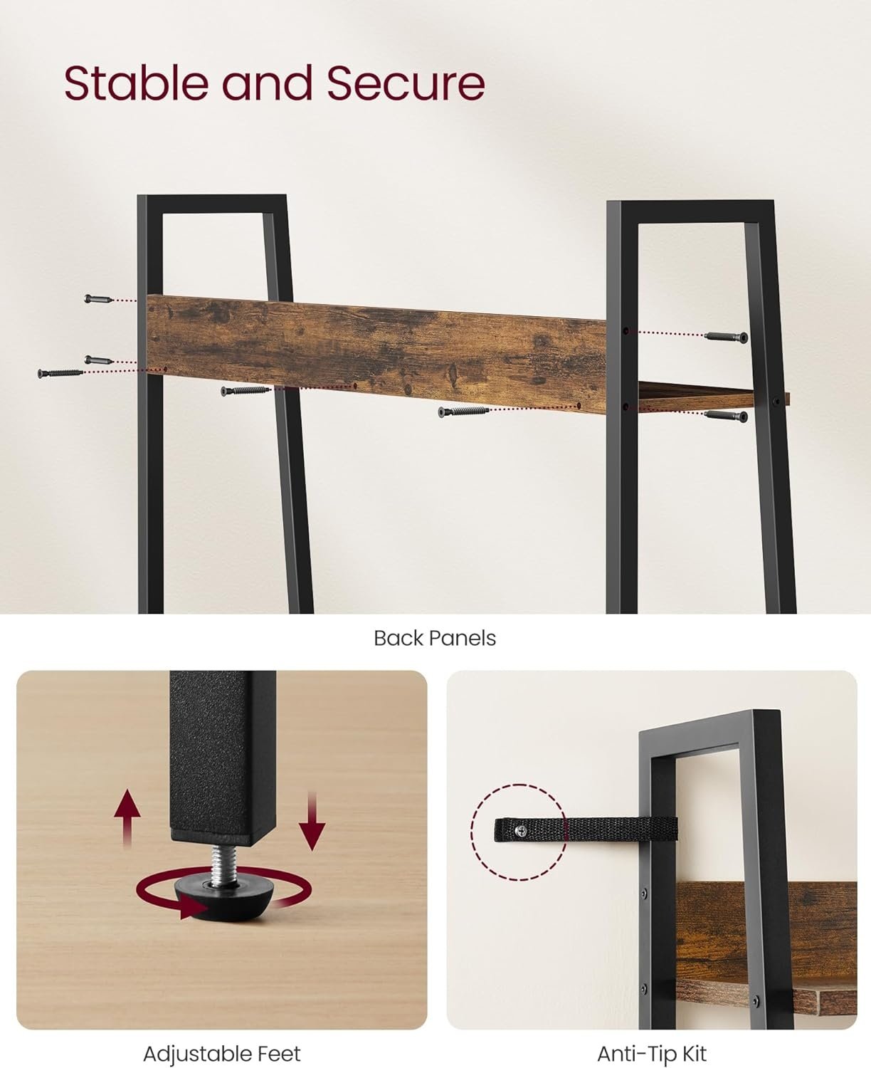 Smal rustikk brun hylle for små rom, 5 plan, 170 cm