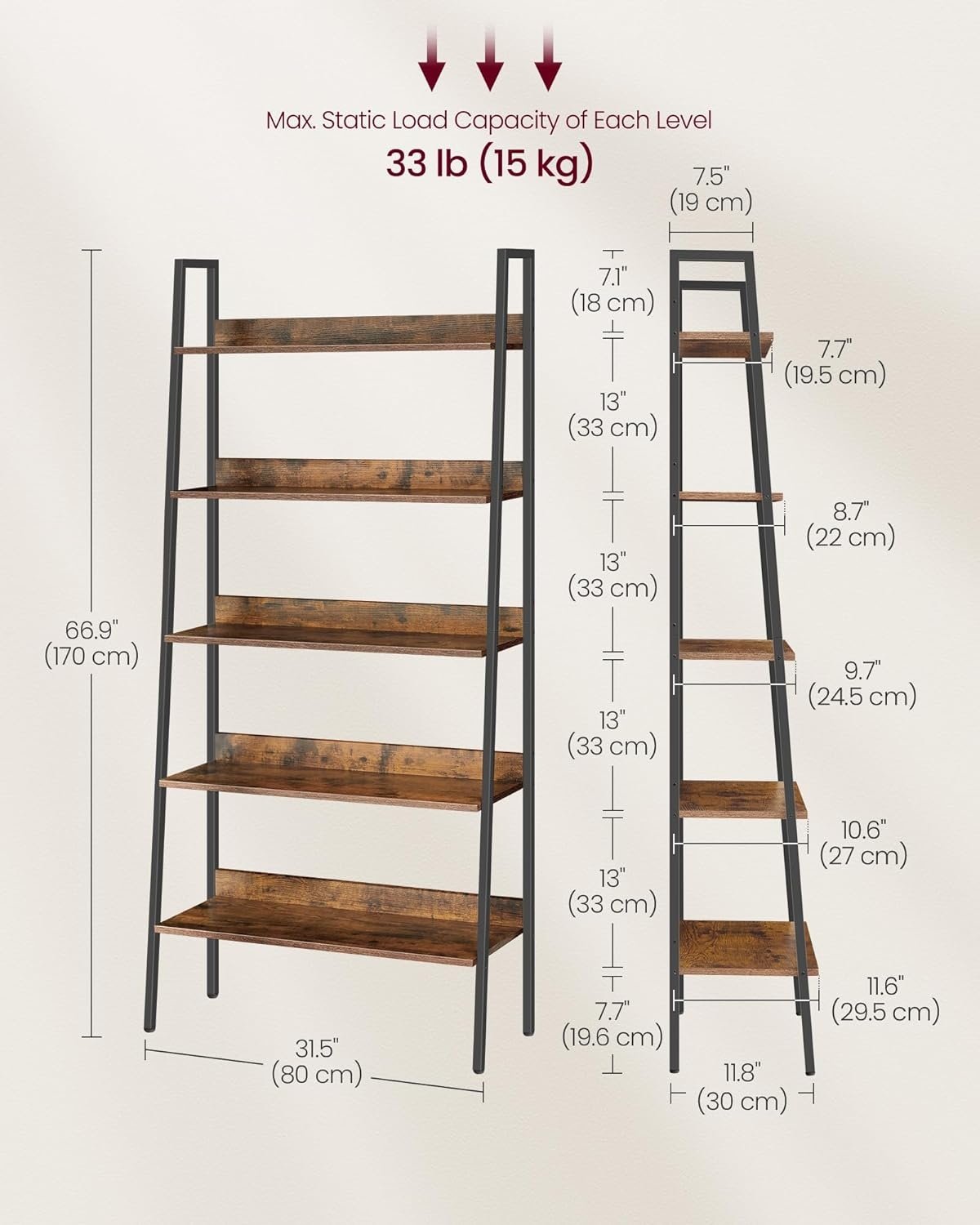 Smal rustikk brun hylle for små rom, 5 plan, 170 cm