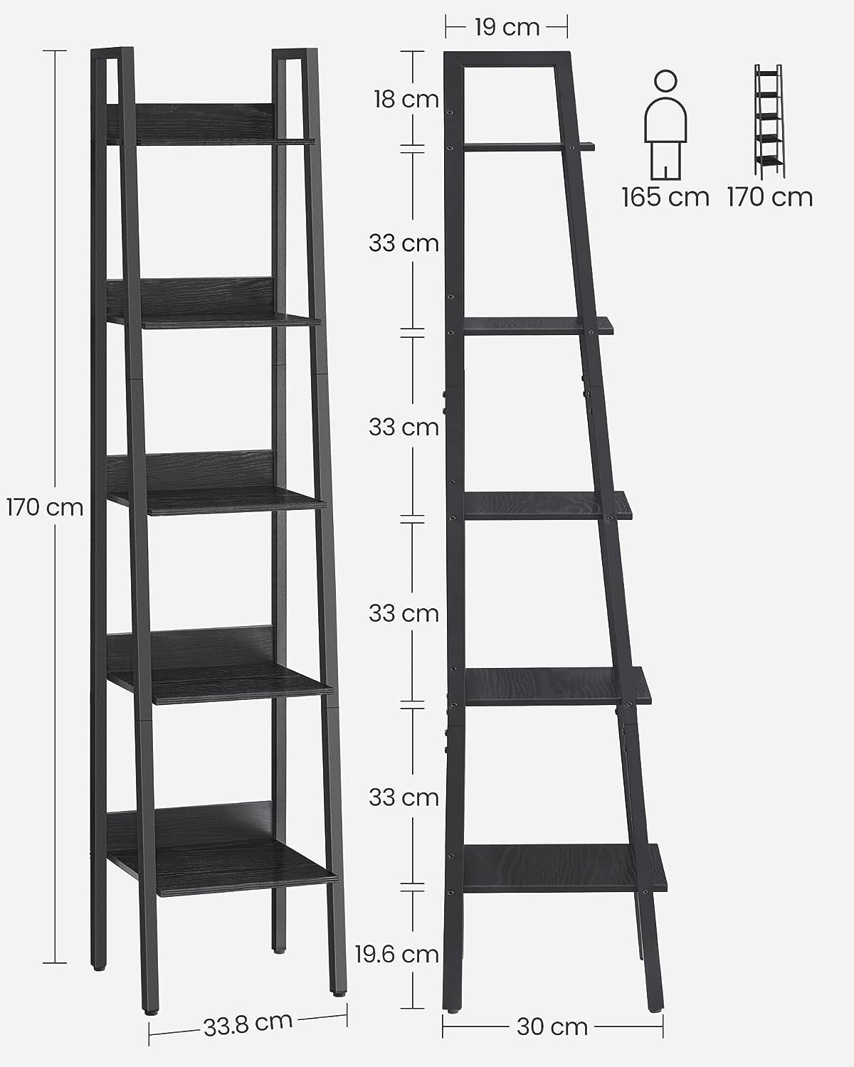 Smal rustikk brun hylle for små rom, 5 plan, 170 cm