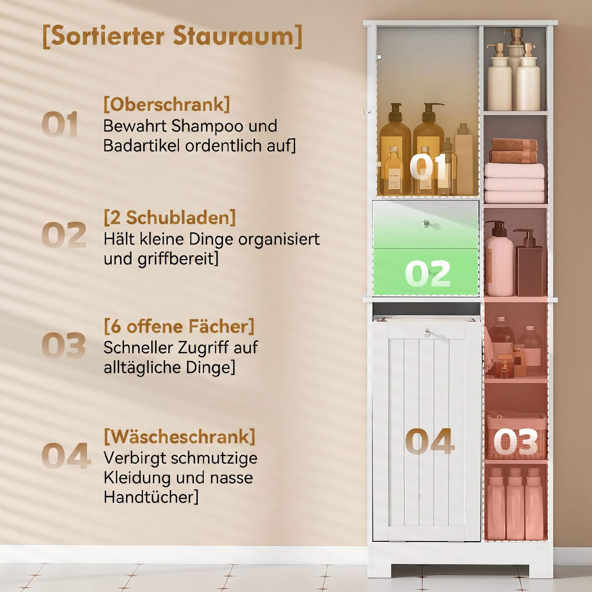 Smalt badrumsskåp med toalettkorg, 2 lådor, vit