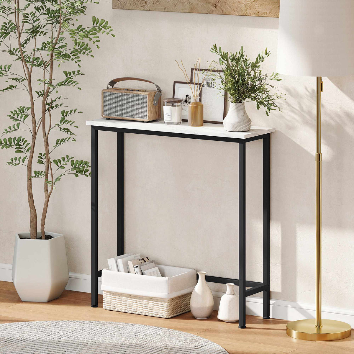 Smalt konsolbord, marmorliknande skiva, 24 cm djup
