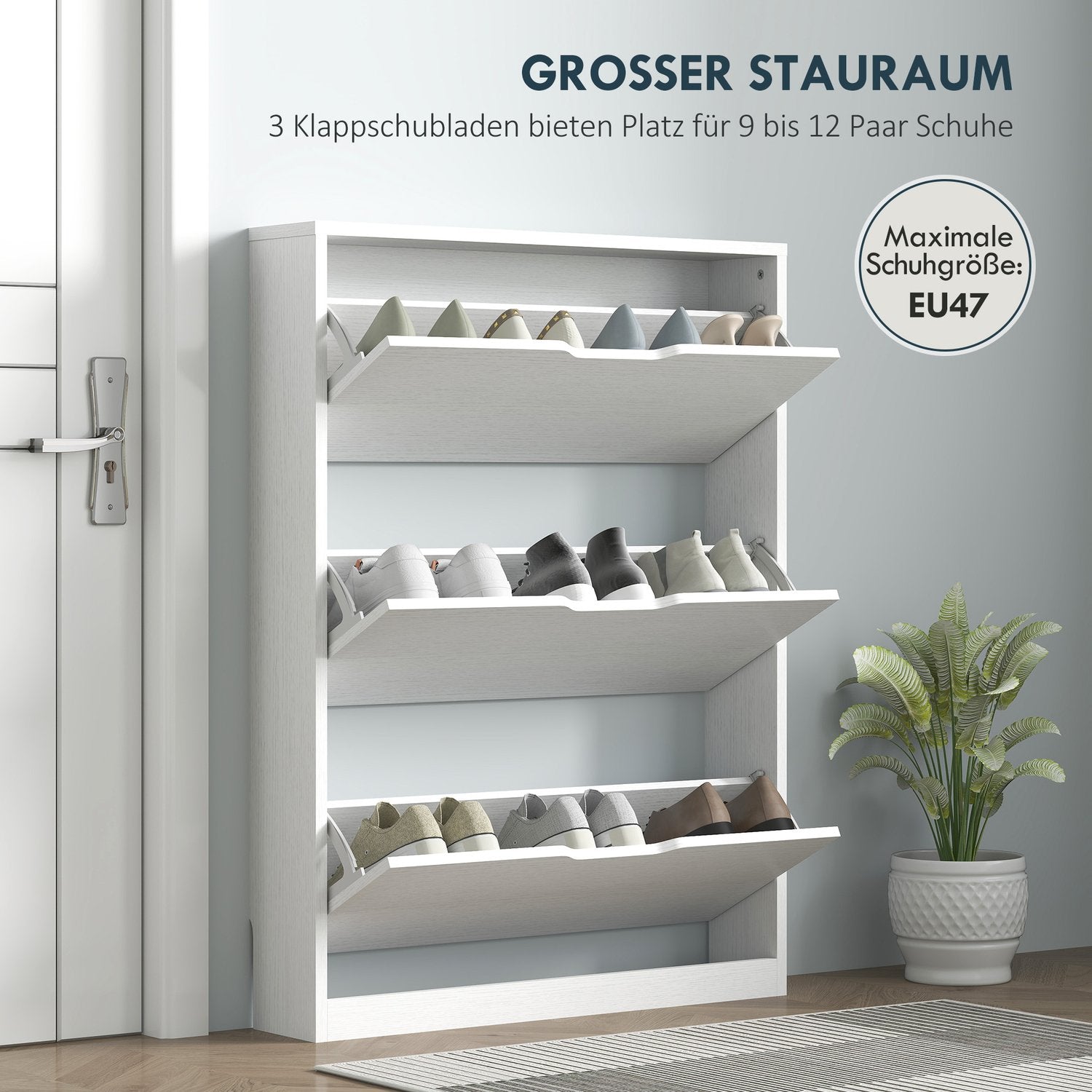 Smalt vitt skoskåp för 9-12 par, 3 klaffar, 80x17x108 cm