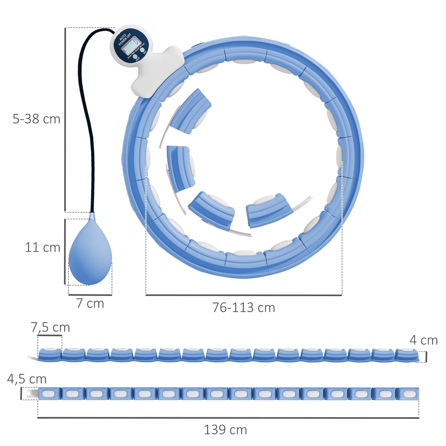 Smart Hula Hoop Vuxna med viktbollräknare 16 knop (76-113 cm) Ljusblå