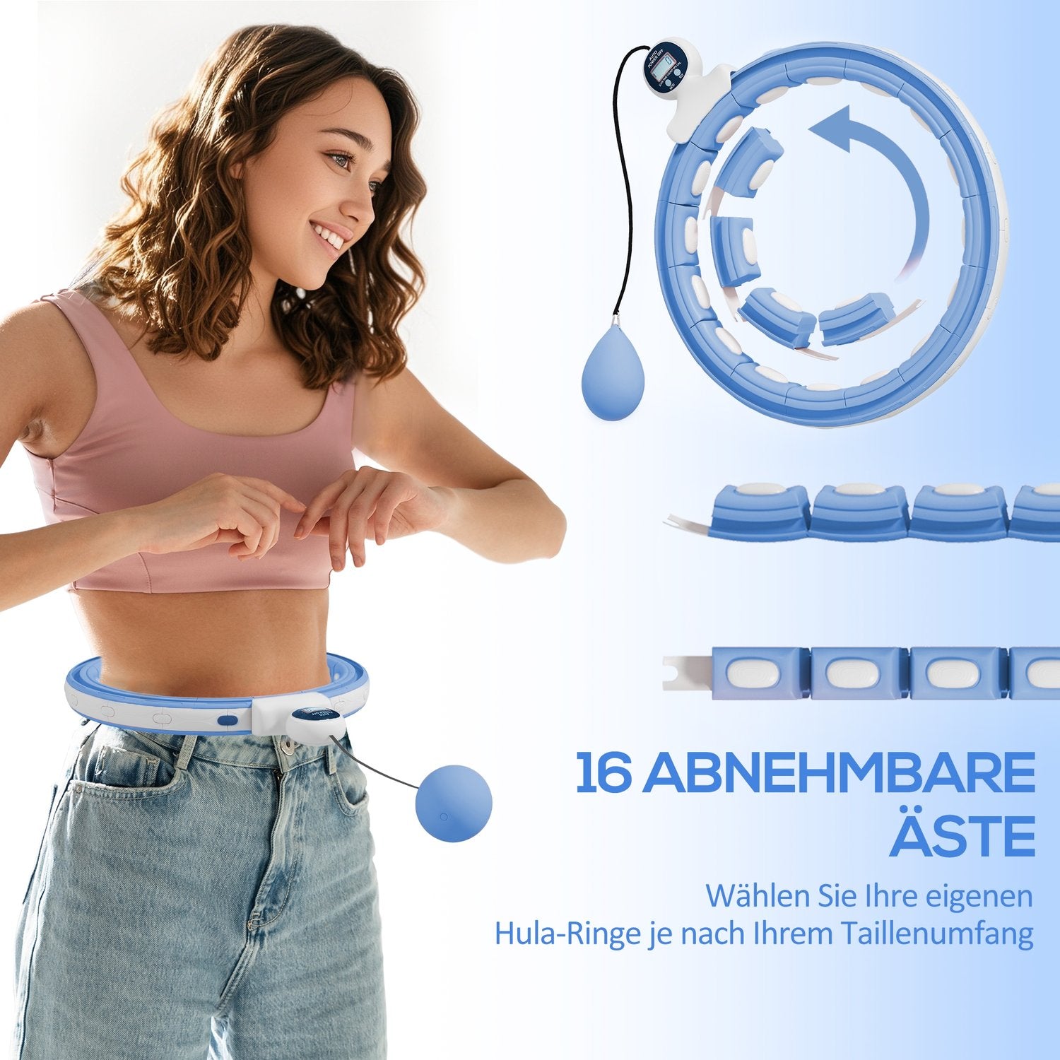 Smart Hula Hoop Vuxna med viktbollräknare 16 knop (76-113 cm) Ljusblå