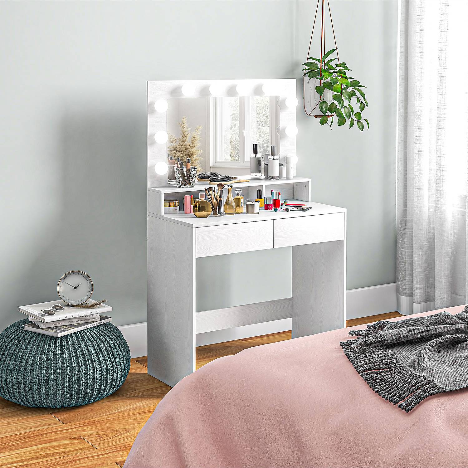 Sminkbord med LED-spegel, justerbar ljusstyrka, vit