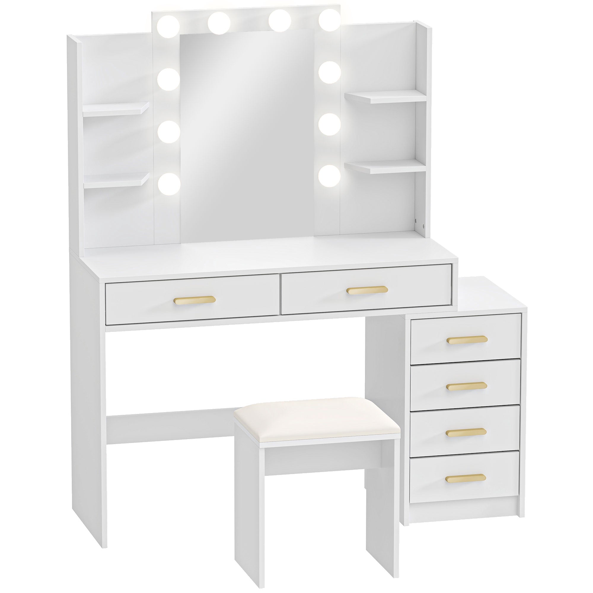 Sminkbord med LED-spegel och stoppad pall, vit