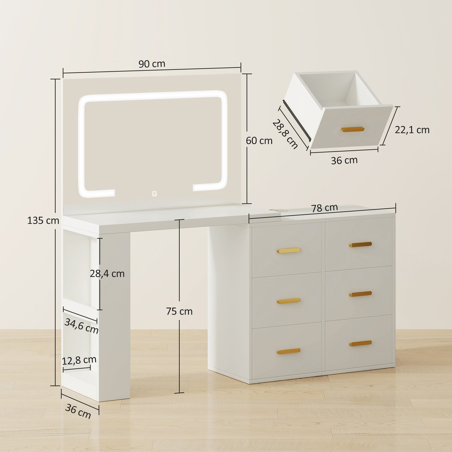 Sminkbord med justerbar LED-spegel och förvaring