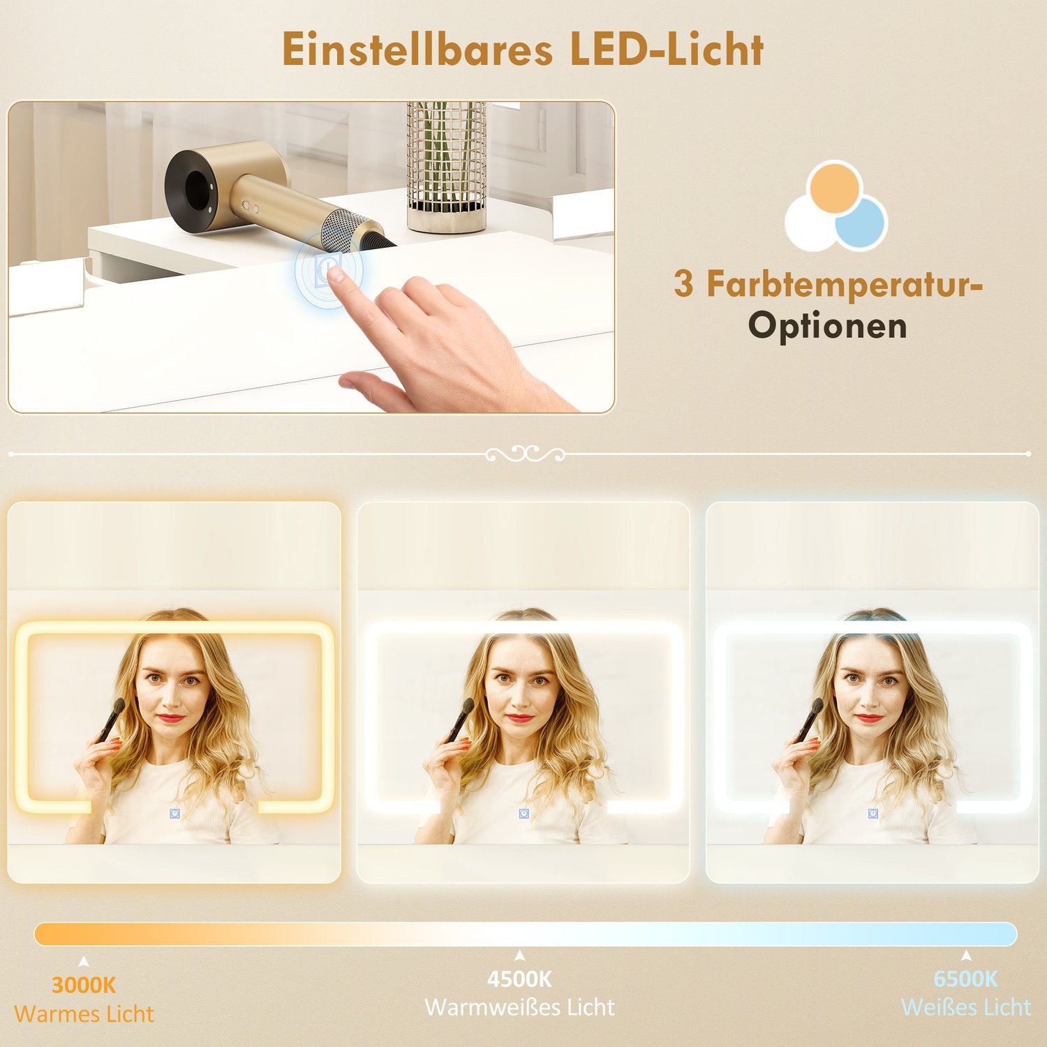 Sminkbord med justerbar LED-spegel och förvaring