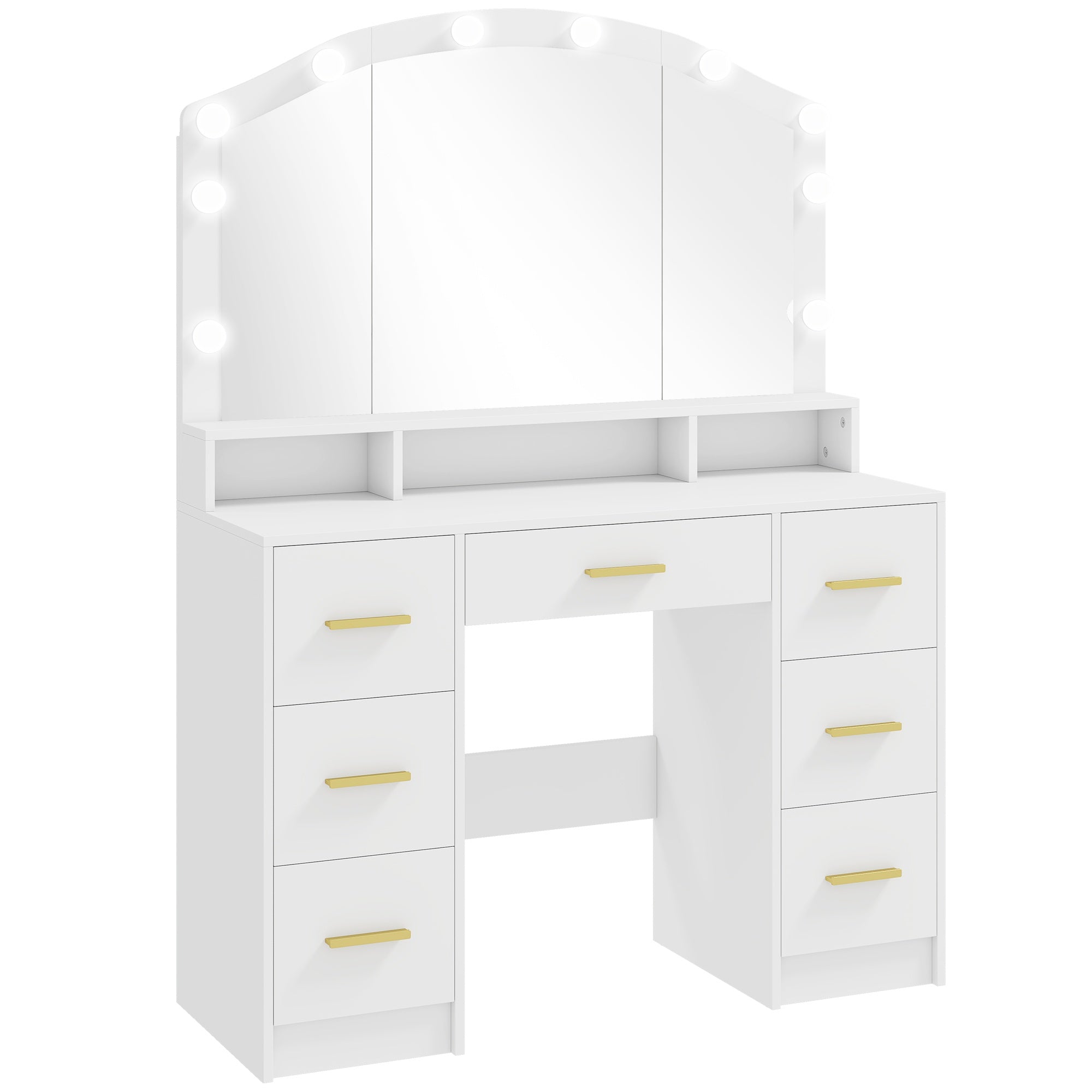 Sminkbord med spegel, 10 LED-lampor, 7 lådor, vit MDF
