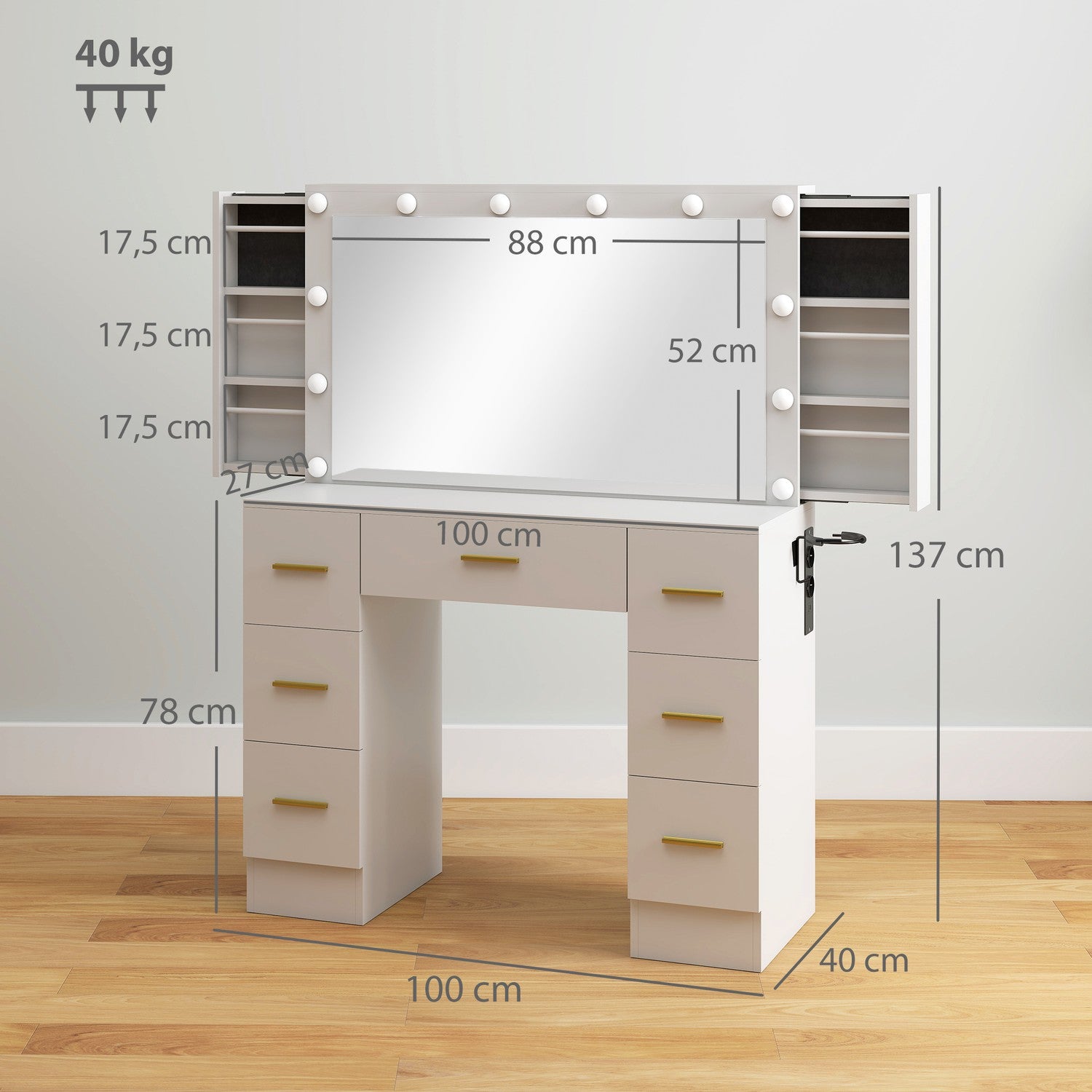 Sminkbord med spegel, 12 LED-lampor, 7 lådor, vit
