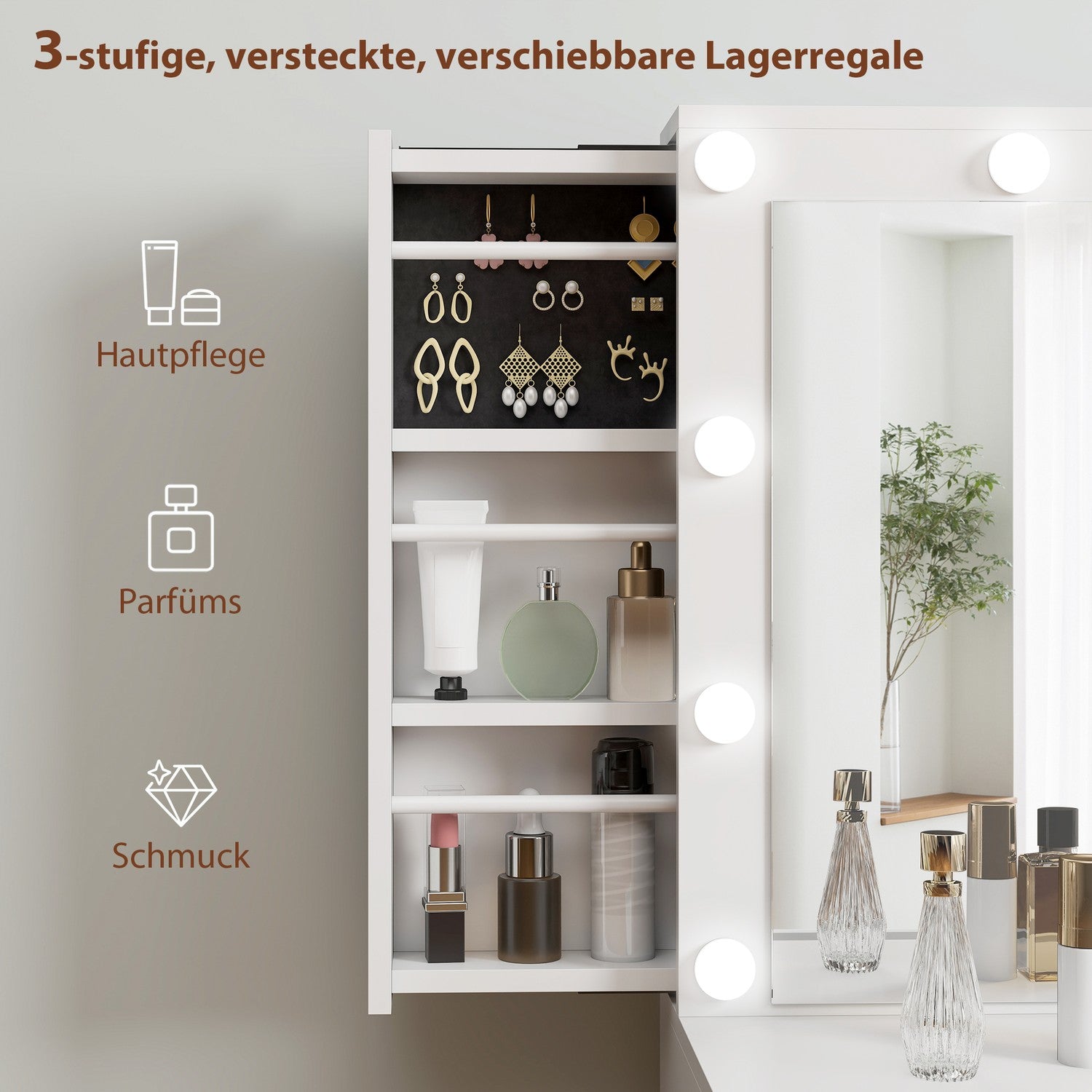 Sminkbord med spegel, 12 LED-lampor, 7 lådor, vit