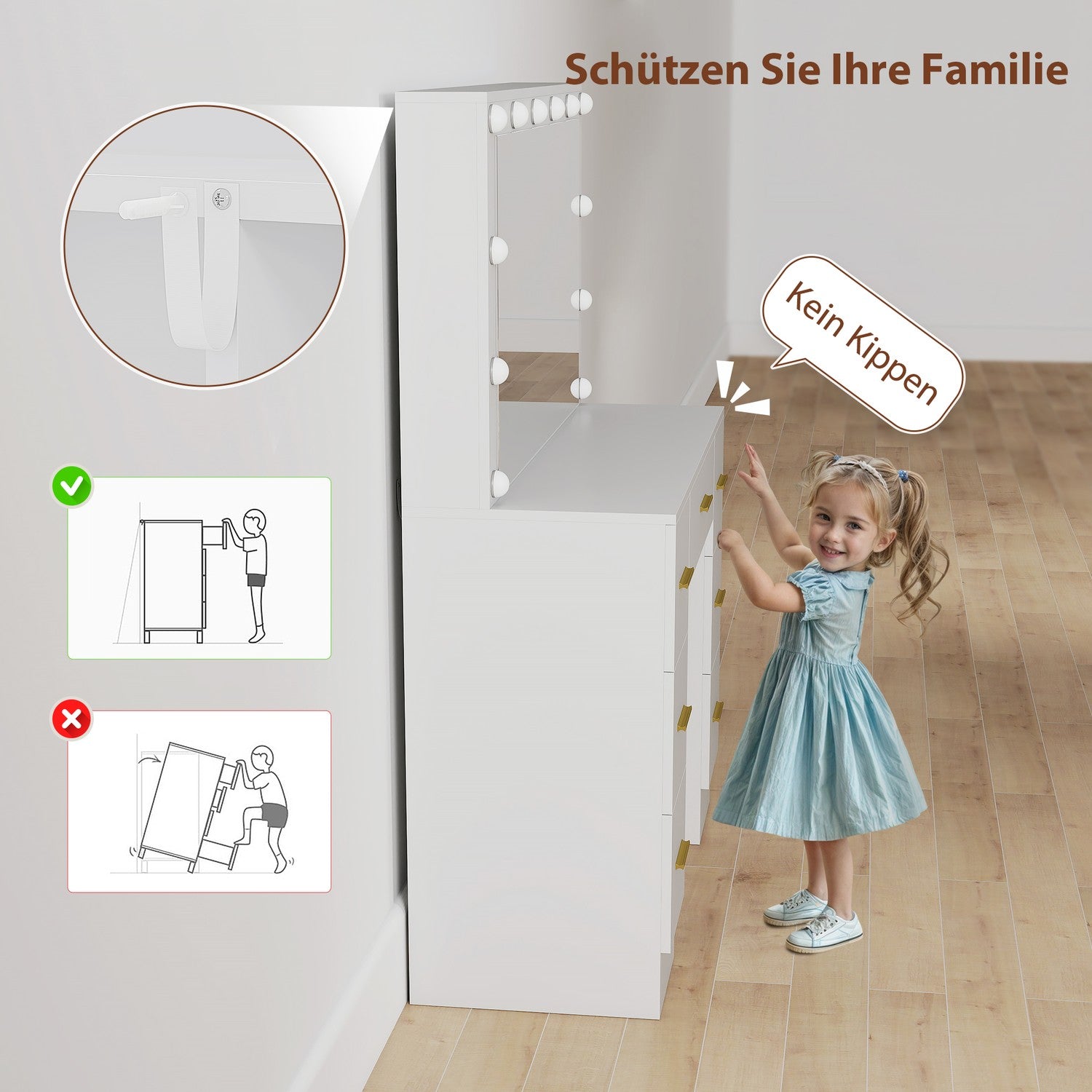Sminkbord med spegel, 12 LED-lampor, 7 lådor, vit