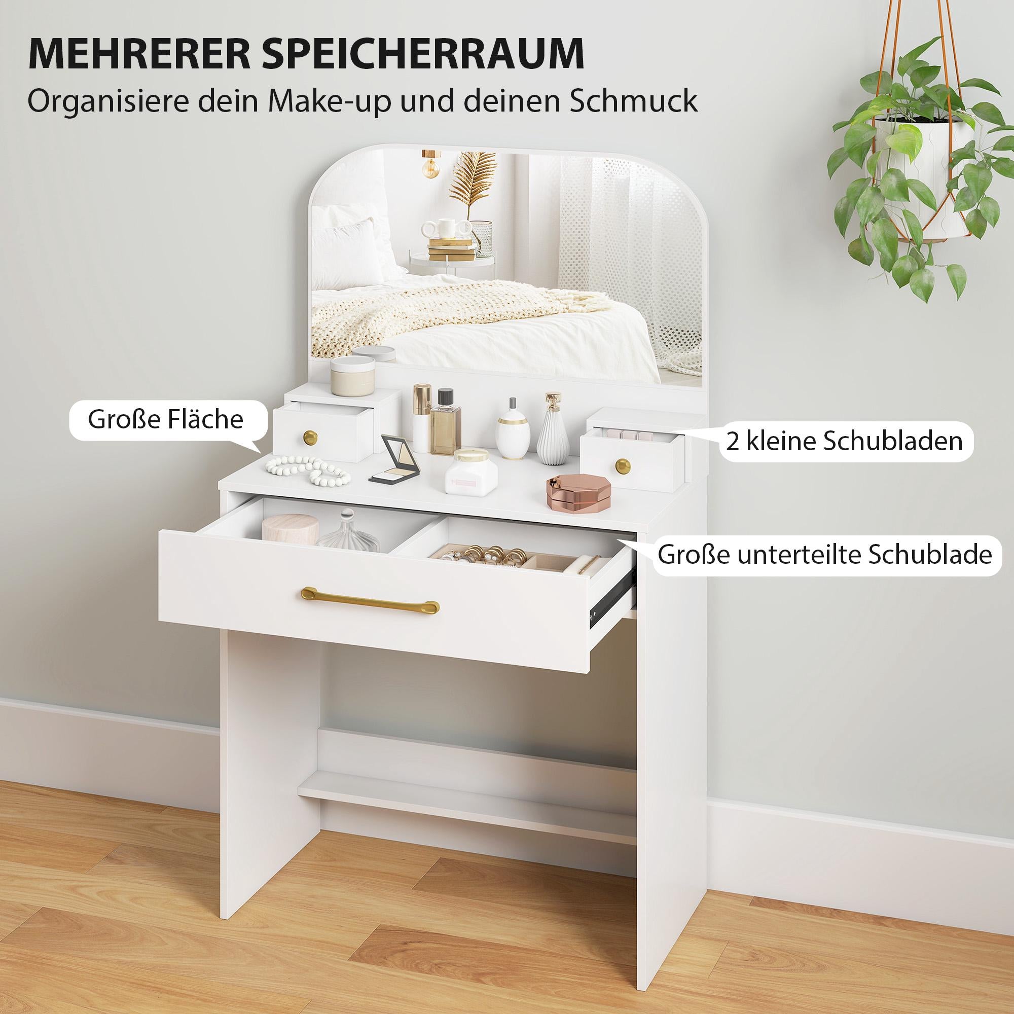 Sminkbord med spegel, 3 lådor, vit, kompakt design