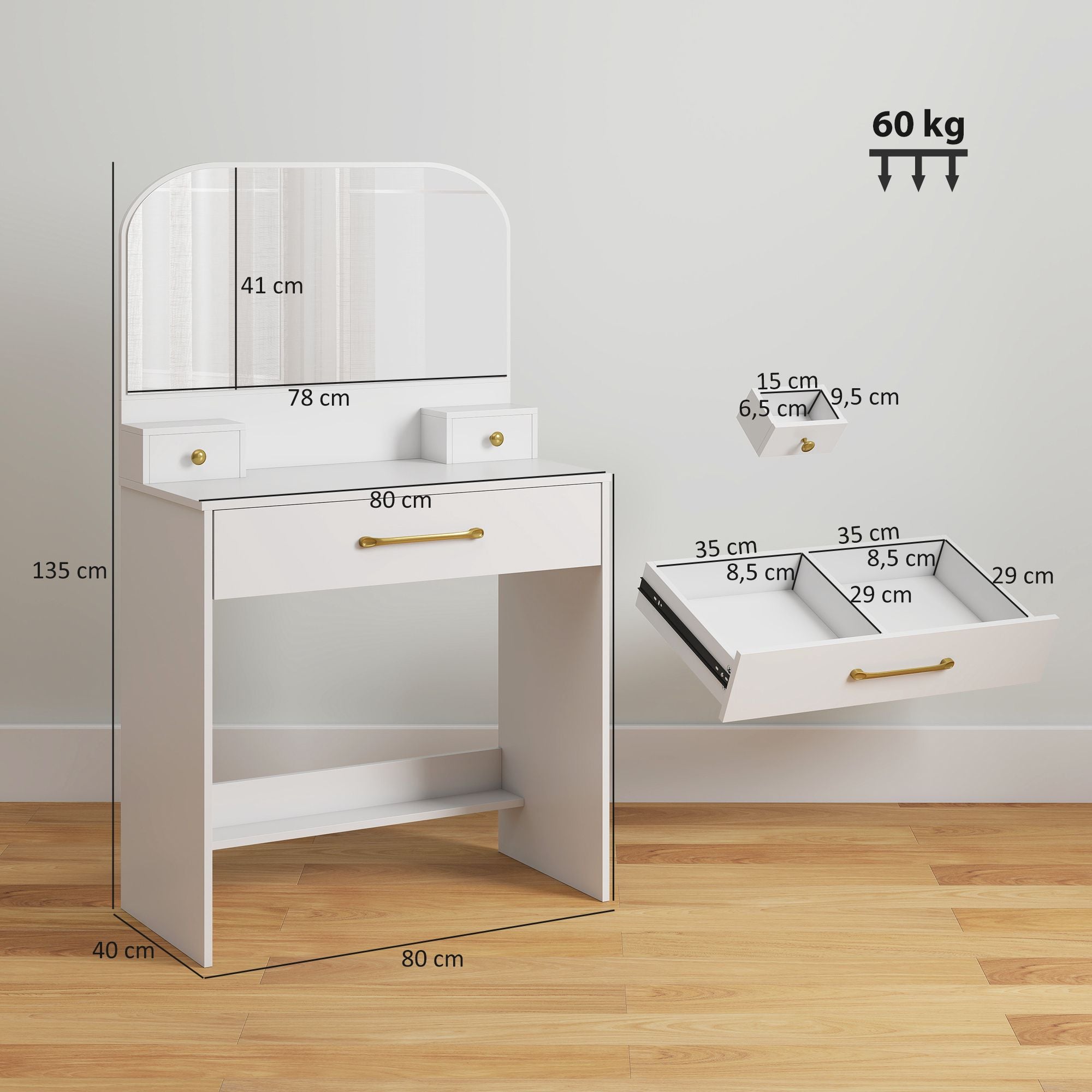 Sminkbord med spegel, 3 lådor, vit, kompakt design
